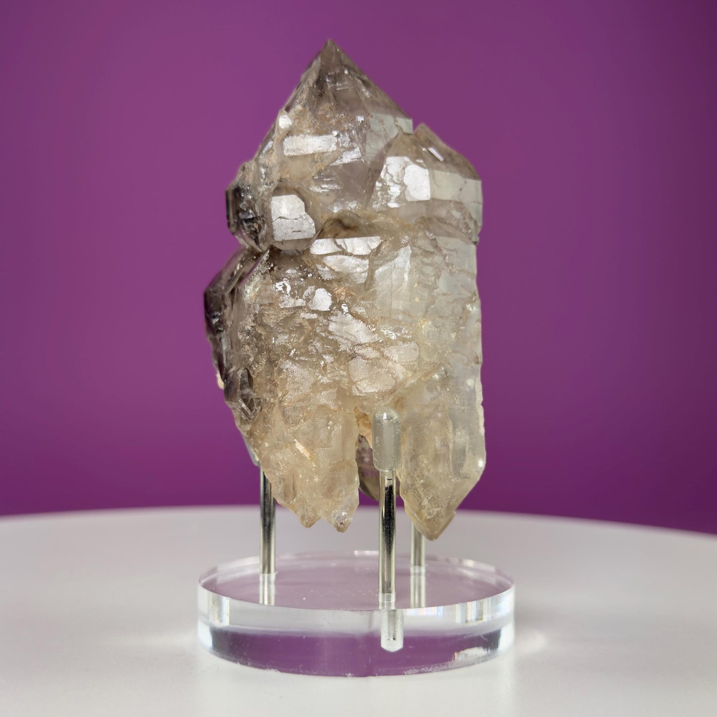Smoky Quartz Elestial Specimen (Includes Silver Metal/Acrylic Stand)
