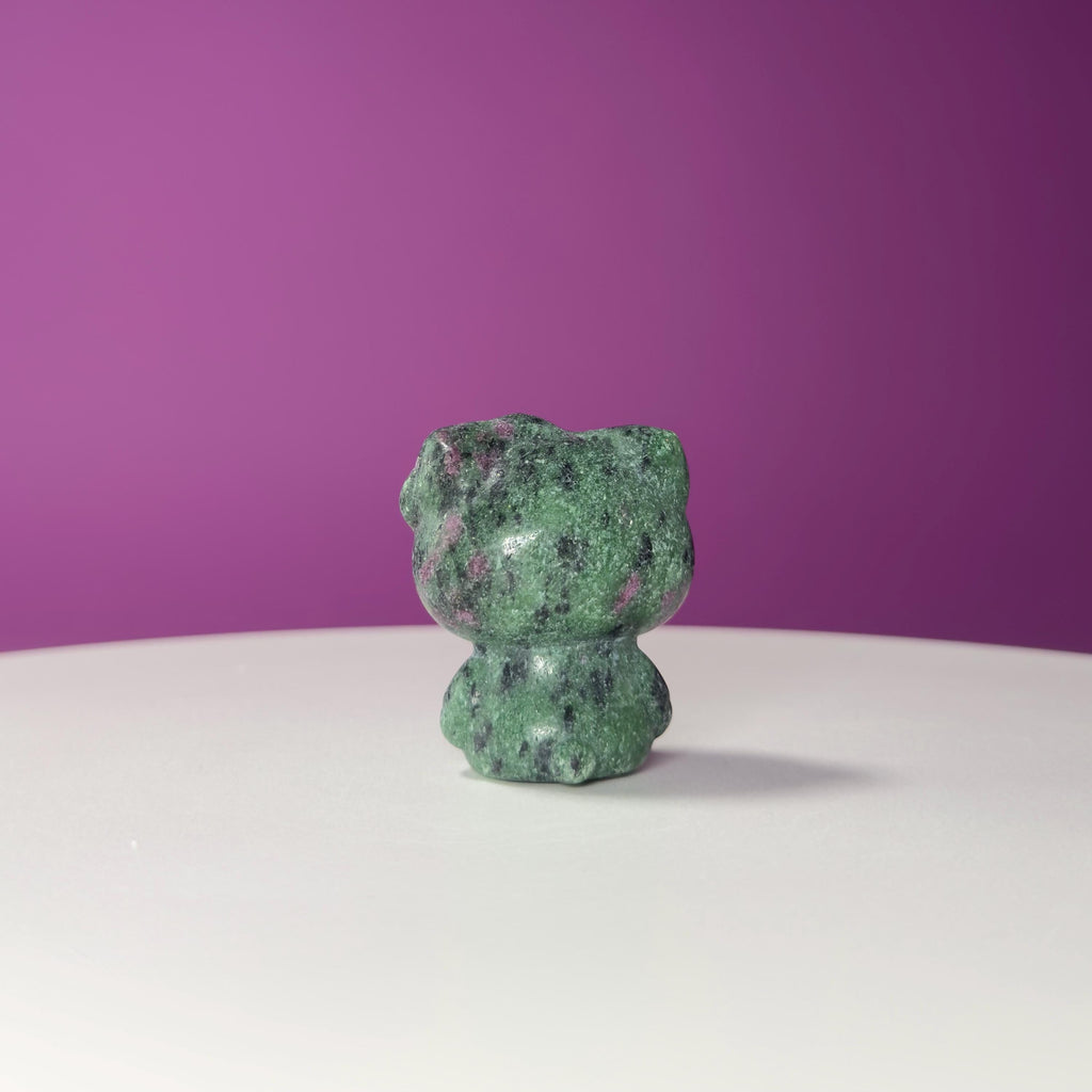 Ruby Zoisite Hello Kitty Carving, UV Reactive, Crystal Animal Figurine