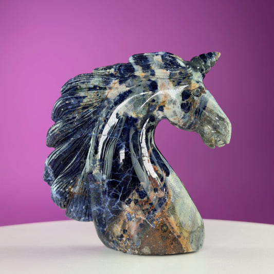 Sodalite Unicorn Carving, Crystal Animal Carving, Calming and Insight Stone