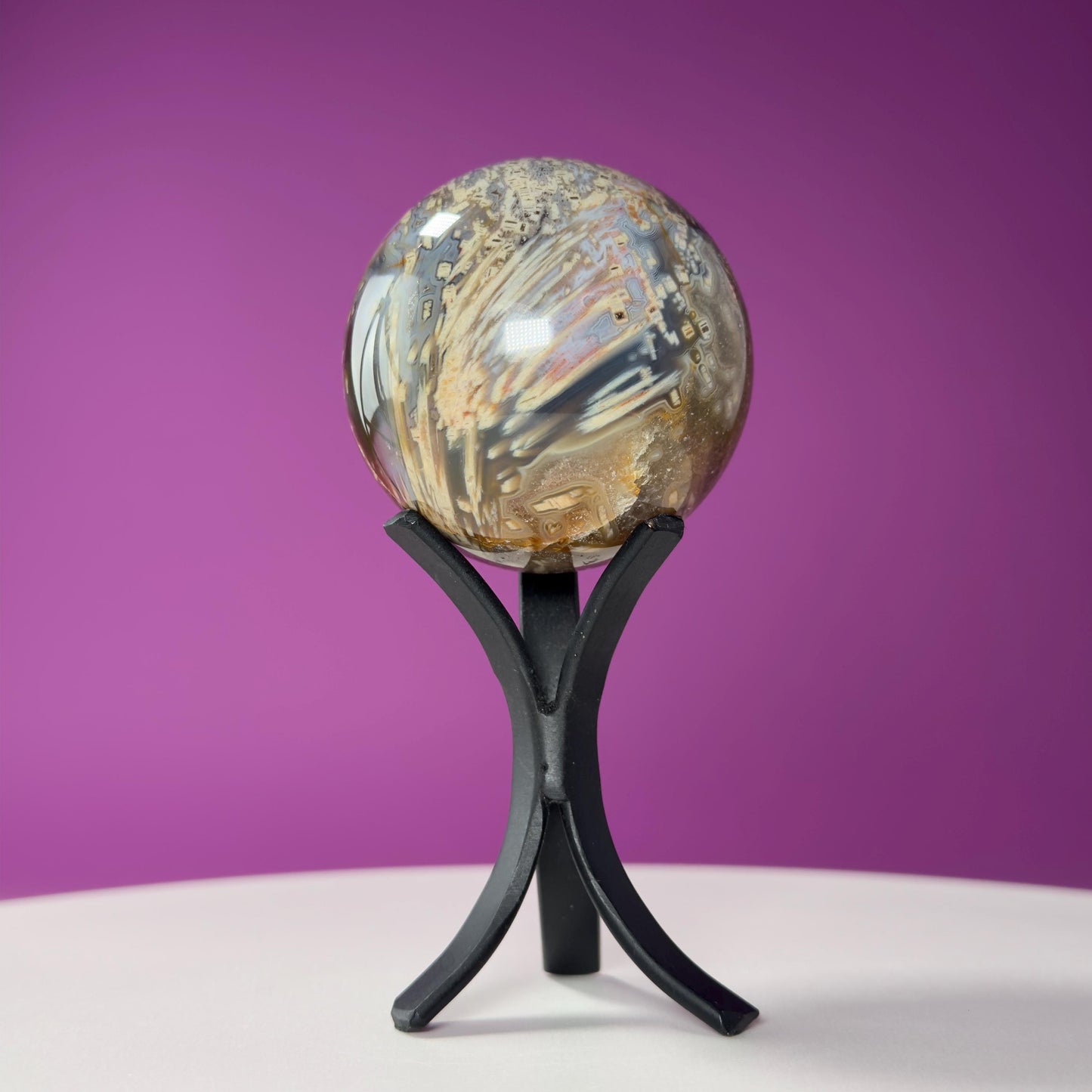 Sagenite Agate Sphere (Brazil) (Includes Black Metal Stand)