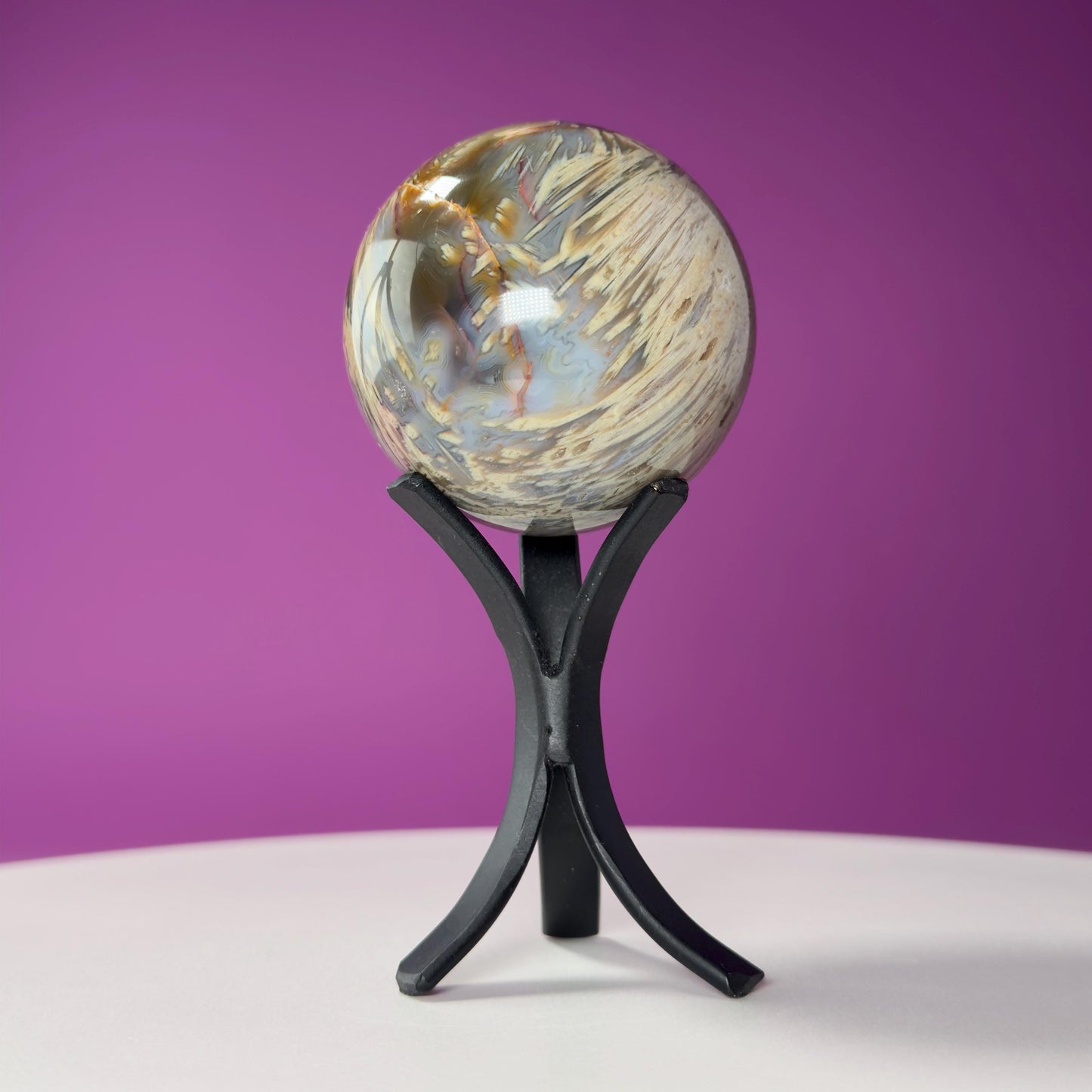 Sagenite Agate Sphere (Brazil) (Includes Black Metal Stand)