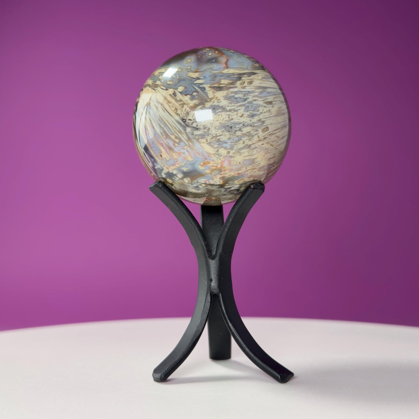 Sagenite Agate Sphere (Brazil) (Includes Black Metal Stand)