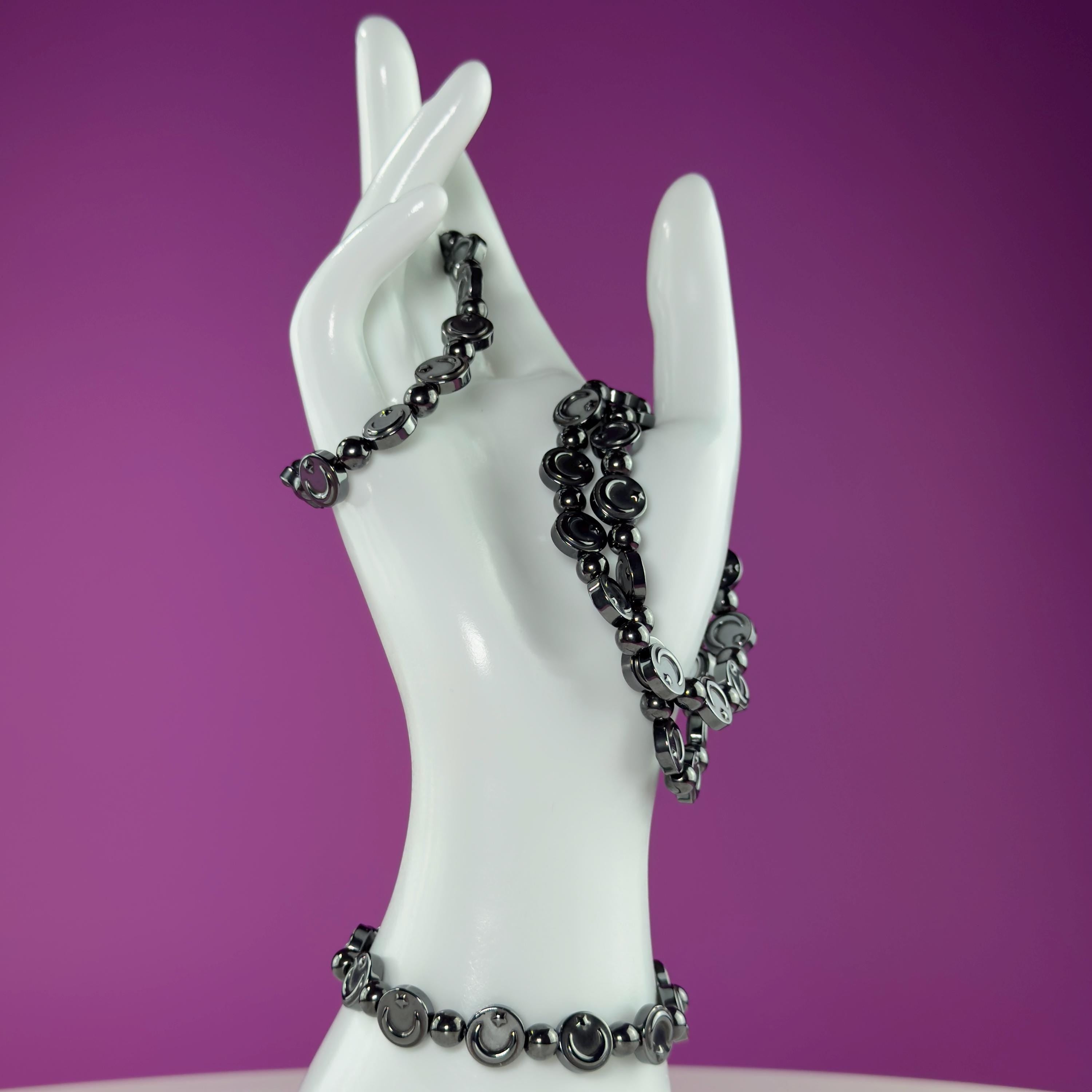Hematite Moon Bracelet – Engraved Beads for Grounding & Protection