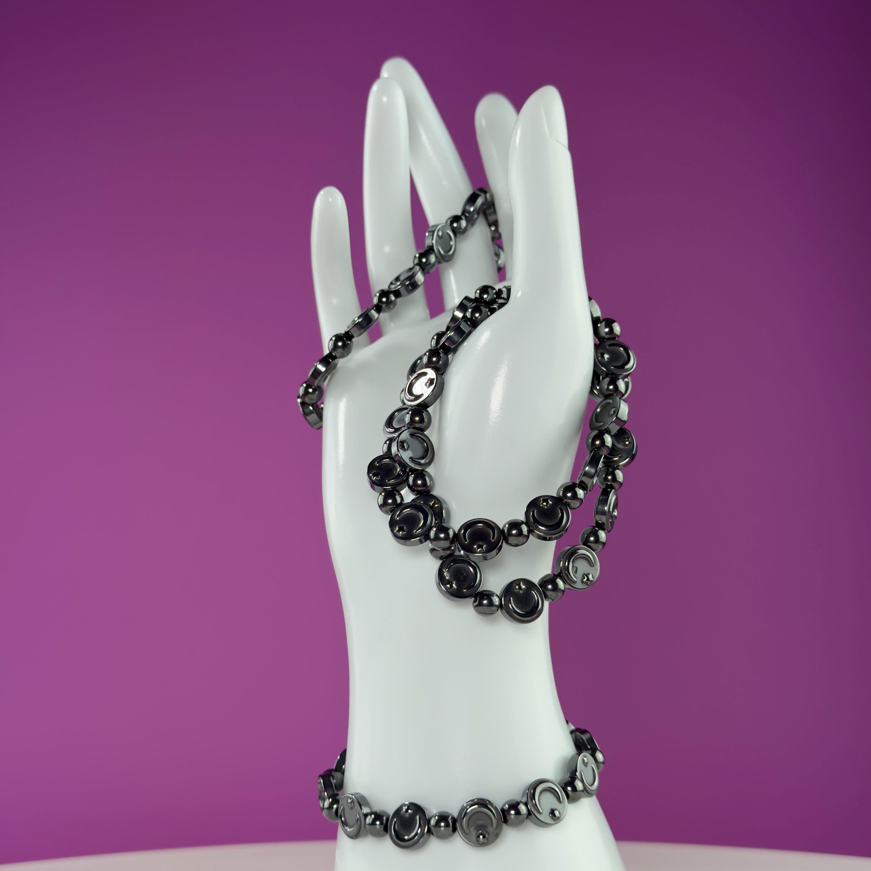 Hematite Moon Bracelet – Engraved Beads for Grounding & Protection