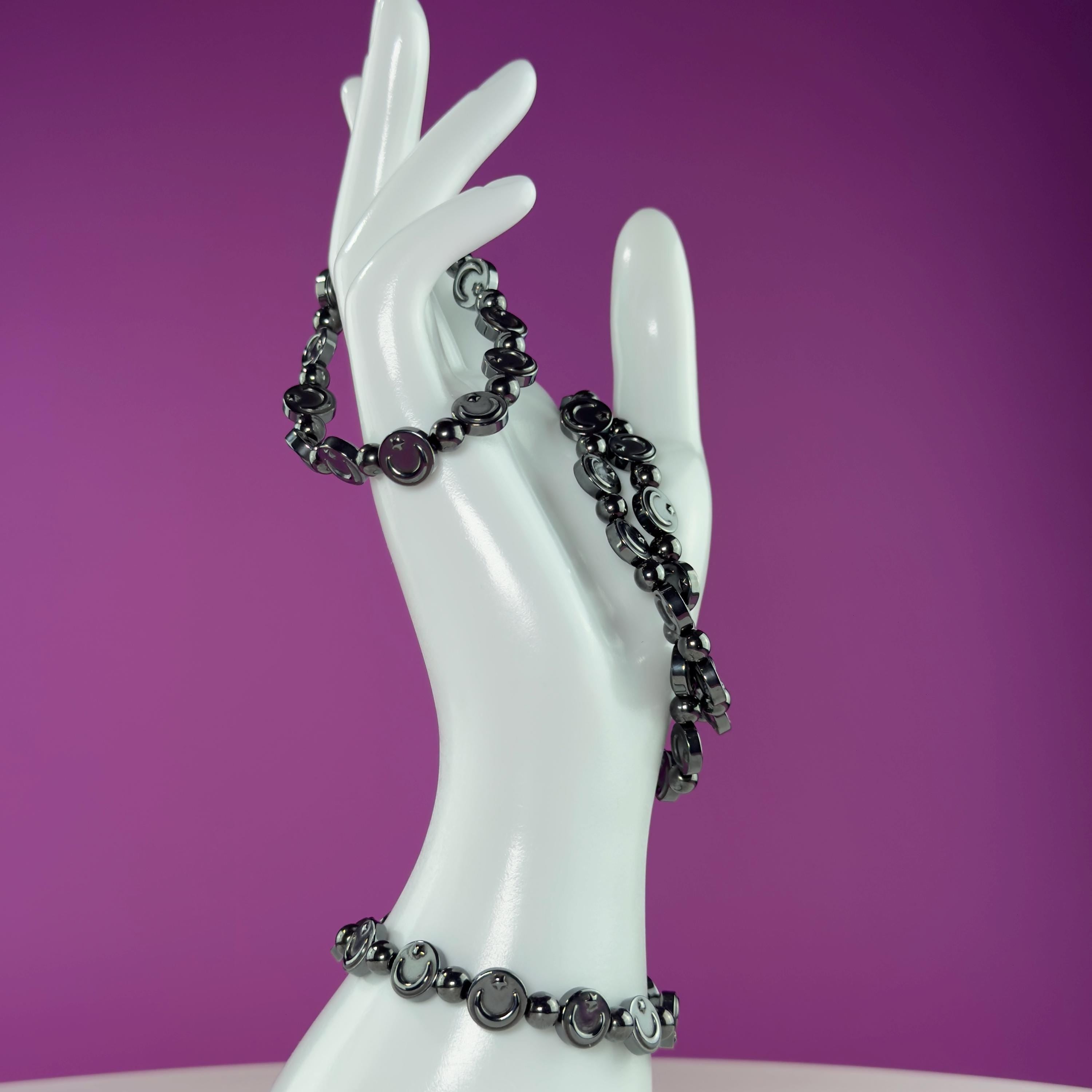 Hematite Moon Bracelet – Engraved Beads for Grounding & Protection