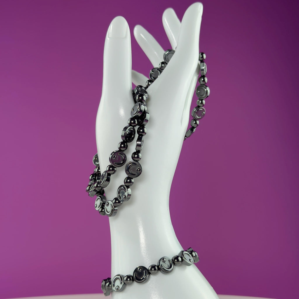 Hematite Moon Bracelet – Engraved Beads for Grounding & Protection