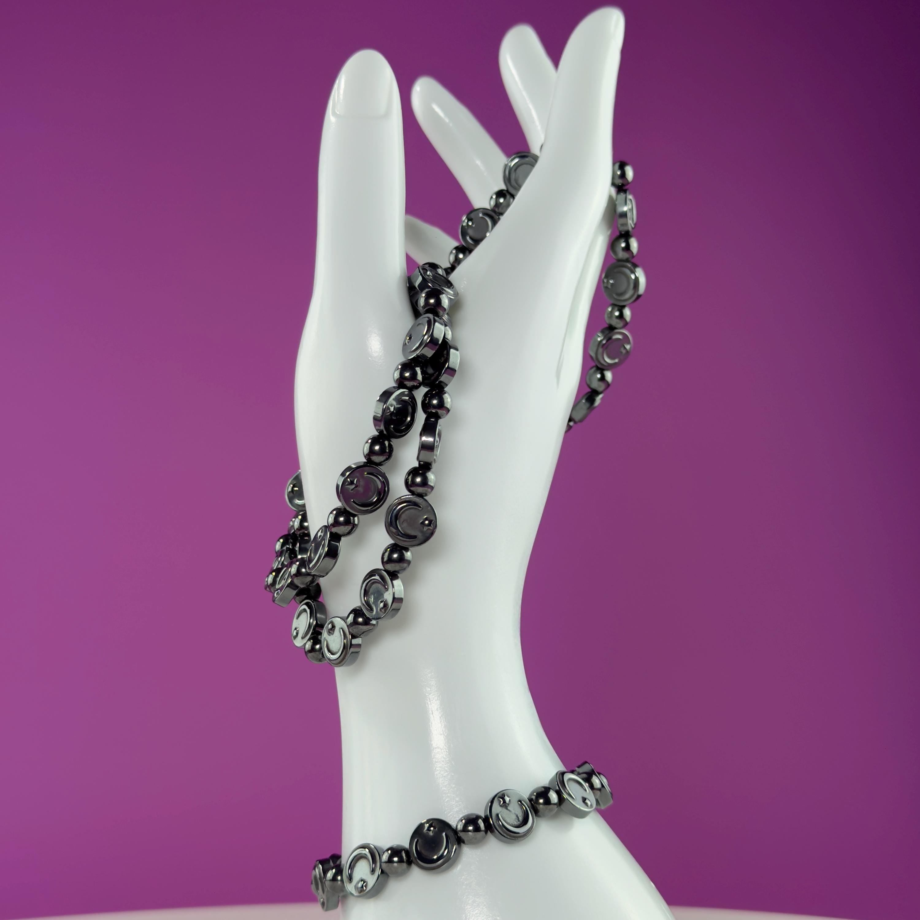 Hematite Moon Bracelet – Engraved Beads for Grounding & Protection