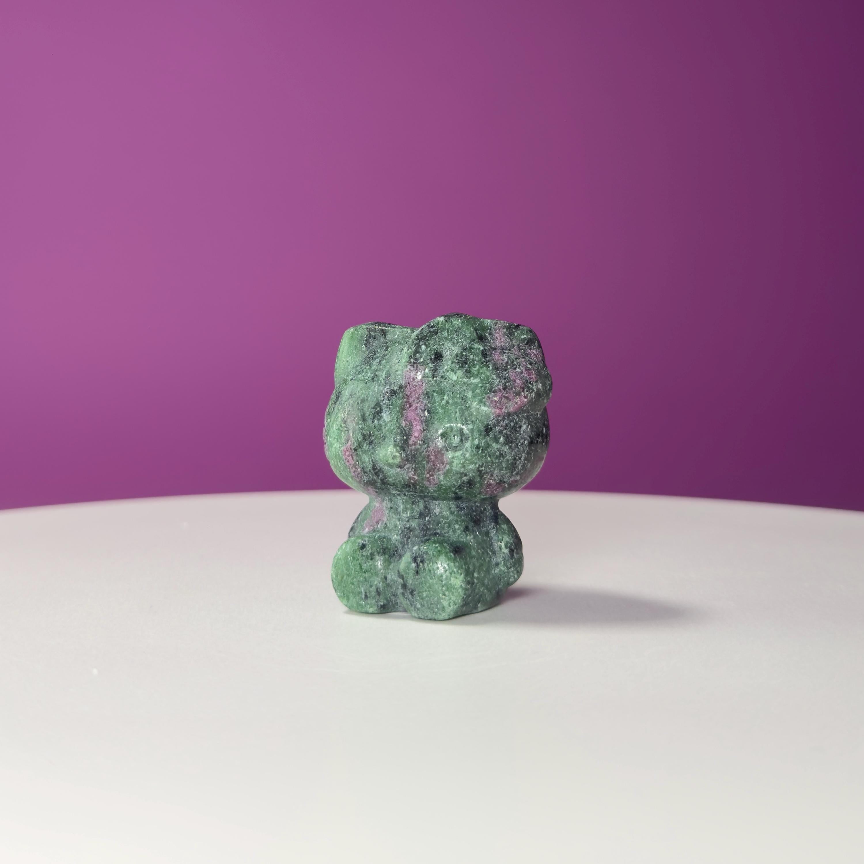 Ruby Zoisite Hello Kitty Carving, UV Reactive, Crystal Animal Figurine