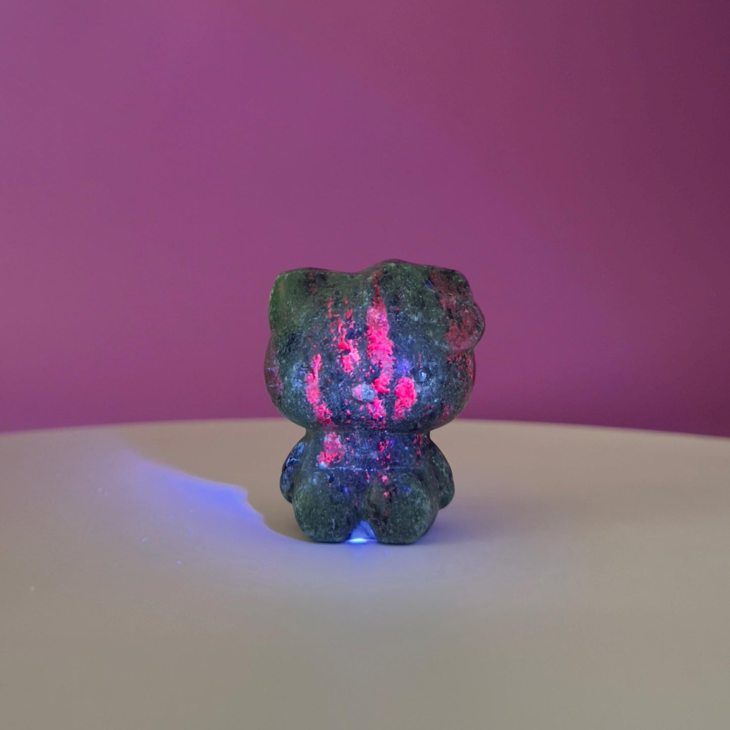 Ruby Zoisite Hello Kitty Carving, UV Reactive, Crystal Animal Figurine