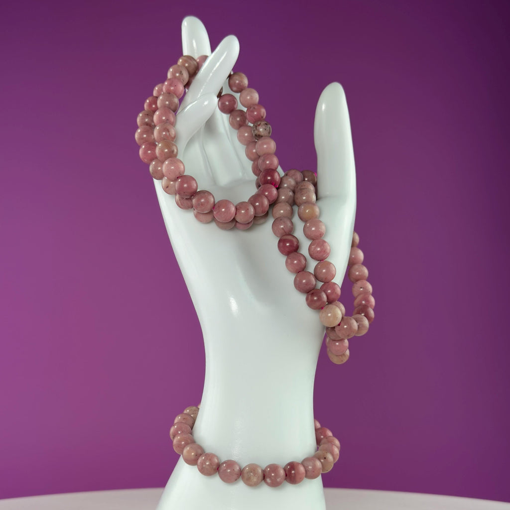 Thulite Beaded Bracelet 8mm Natural Pink Stone Crystal Jewelry 20g