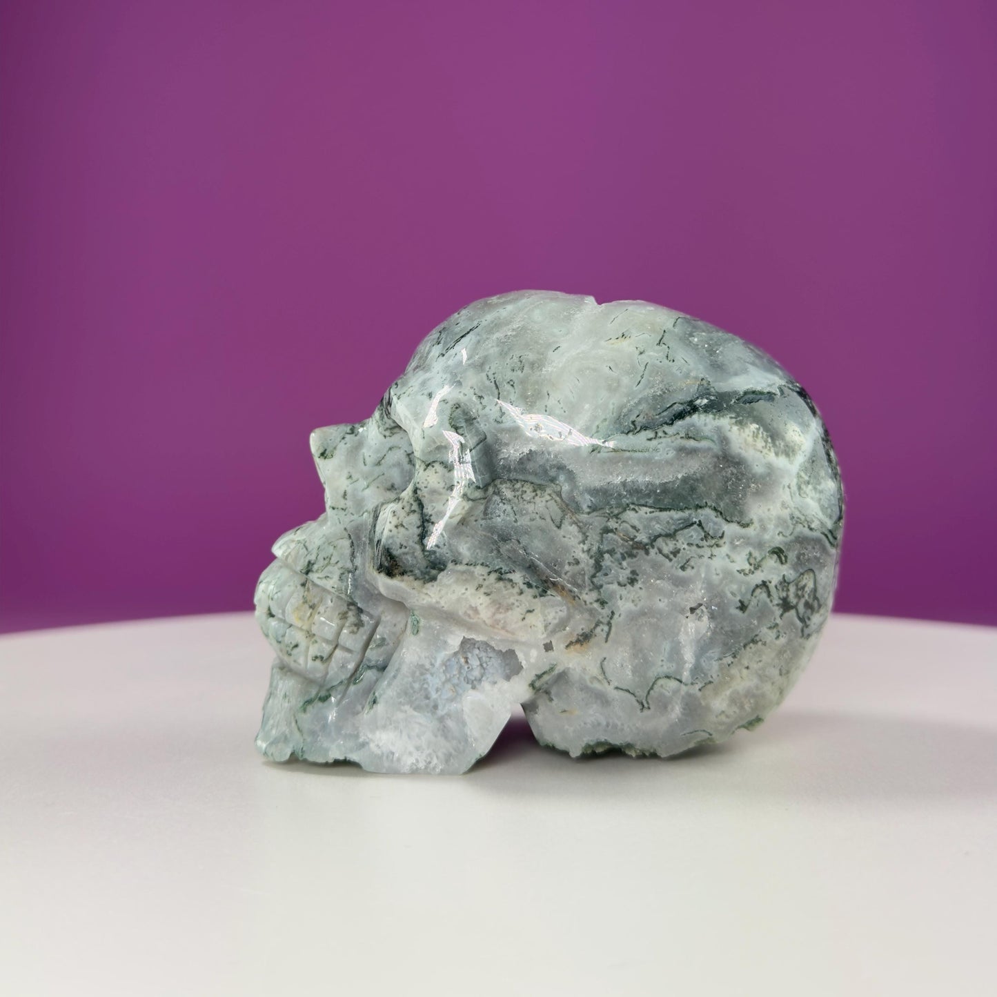 Moss Agate Skull Carving, Druzy Pockets