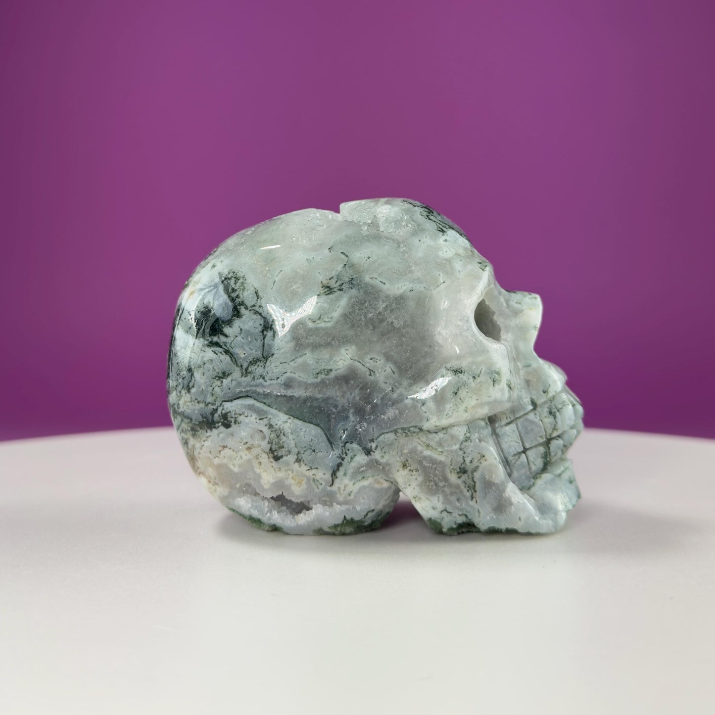 Moss Agate Skull Carving, Druzy Pockets