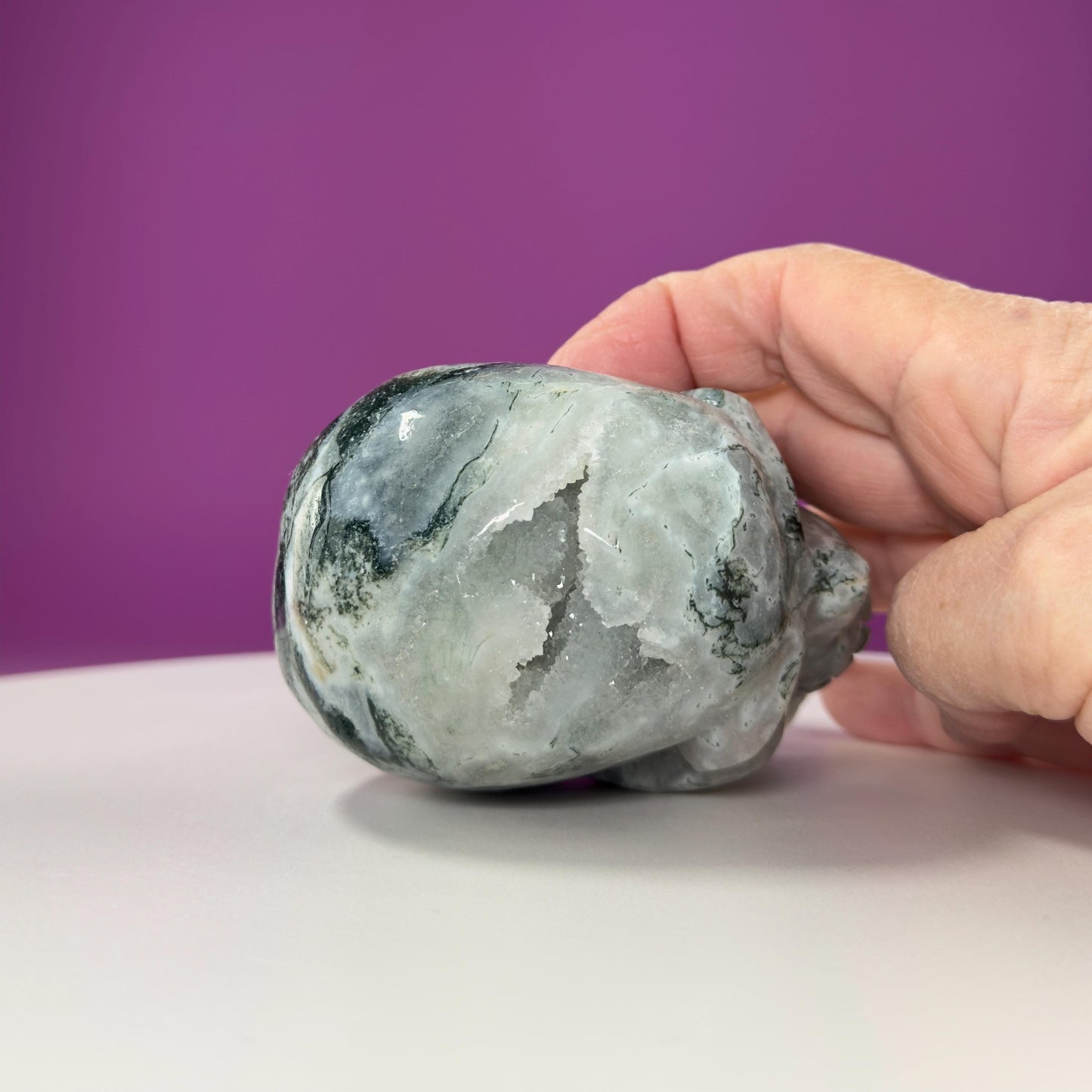 Moss Agate Skull Carving, Druzy Pockets