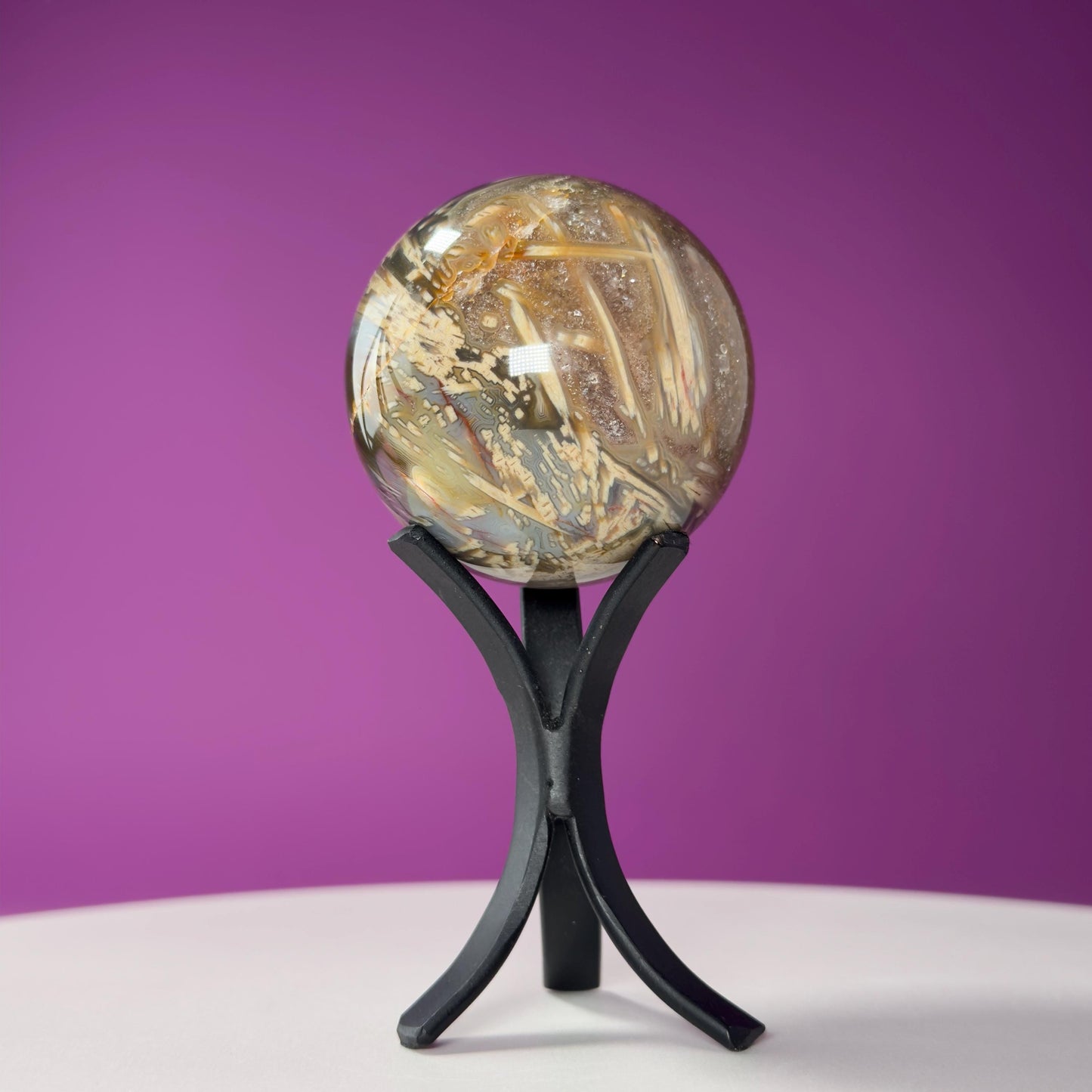 Sagenite Agate Sphere (Brazil) (Includes Black Metal Stand)