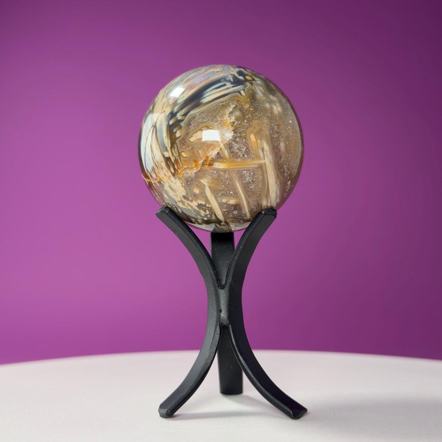 Sagenite Agate Sphere (Brazil) (Includes Black Metal Stand)