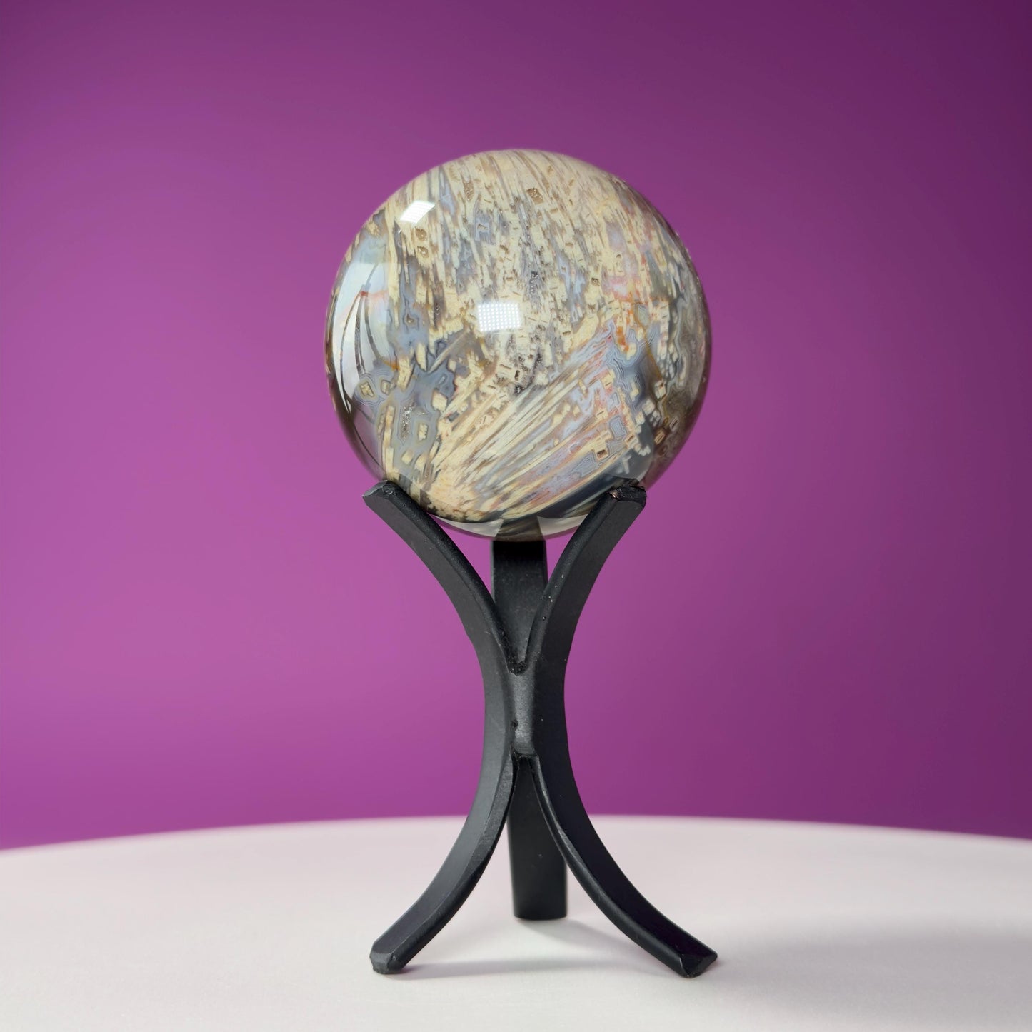 Sagenite Agate Sphere (Brazil) (Includes Black Metal Stand)