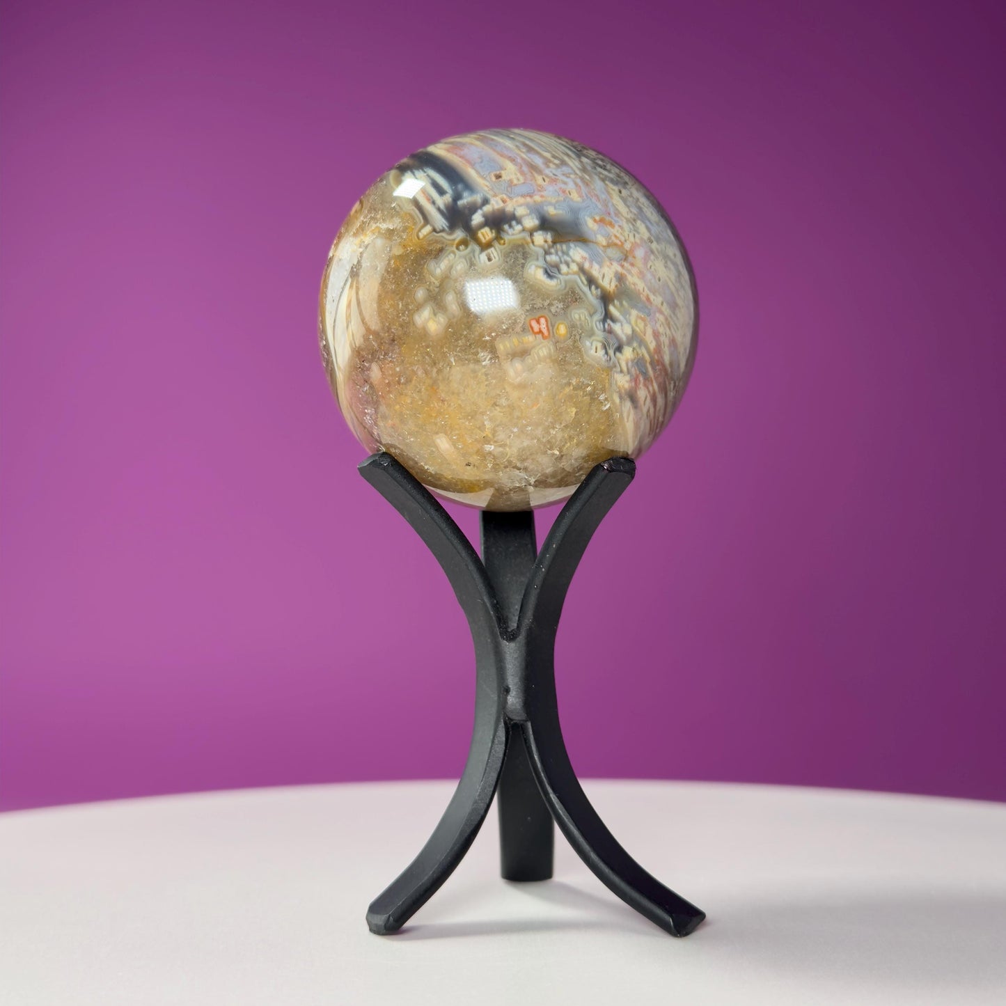 Sagenite Agate Sphere (Brazil) (Includes Black Metal Stand)