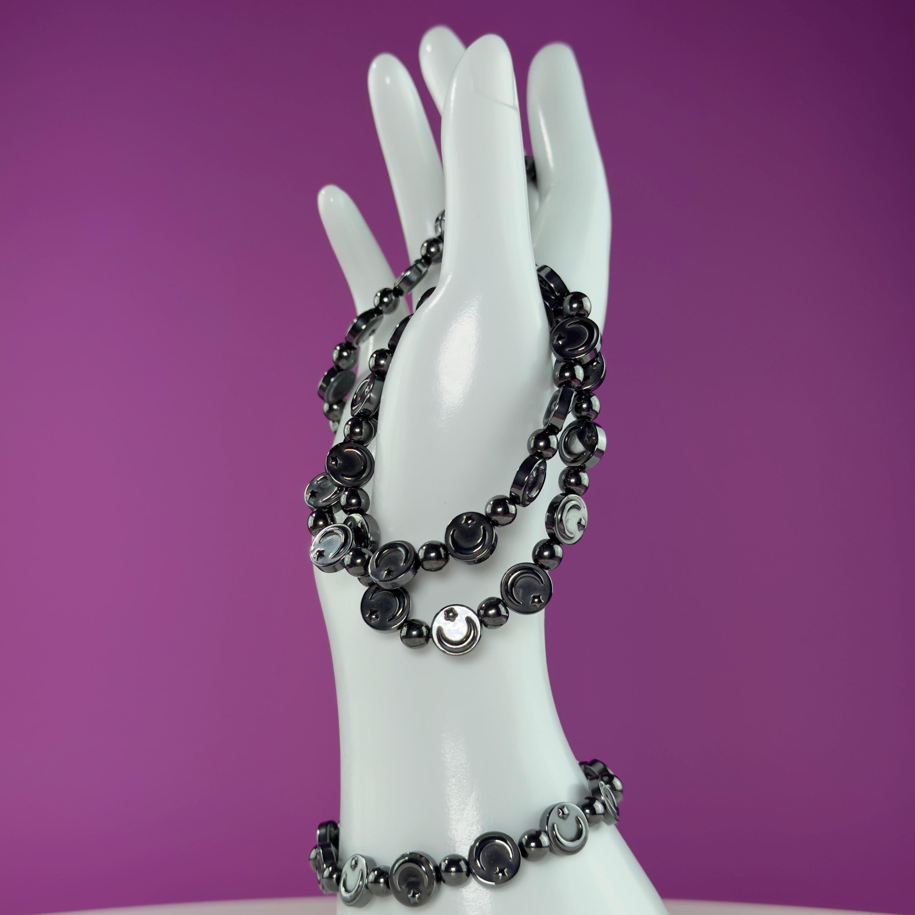 Hematite Moon Bracelet – Engraved Beads for Grounding & Protection