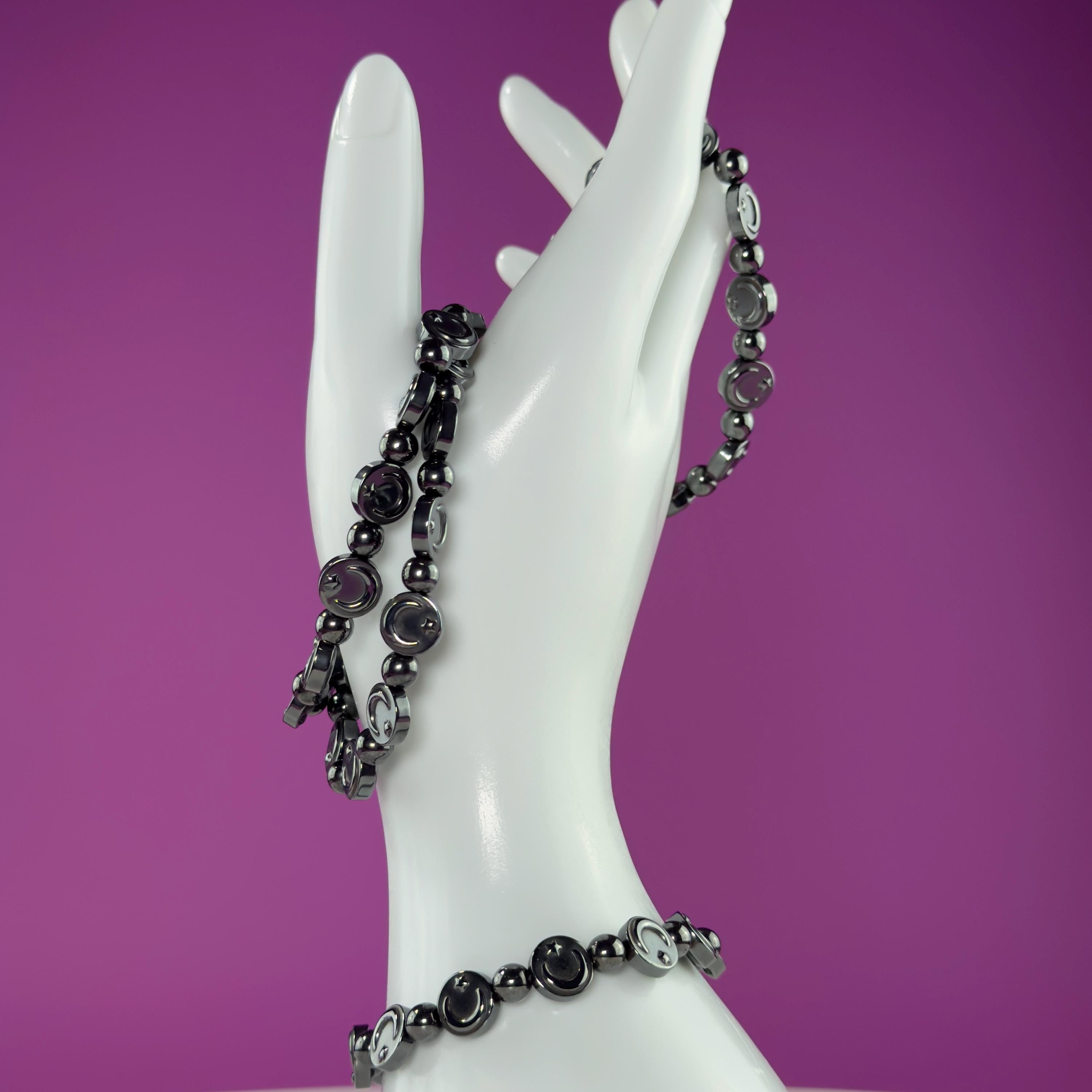 Hematite Moon Bracelet – Engraved Beads for Grounding & Protection