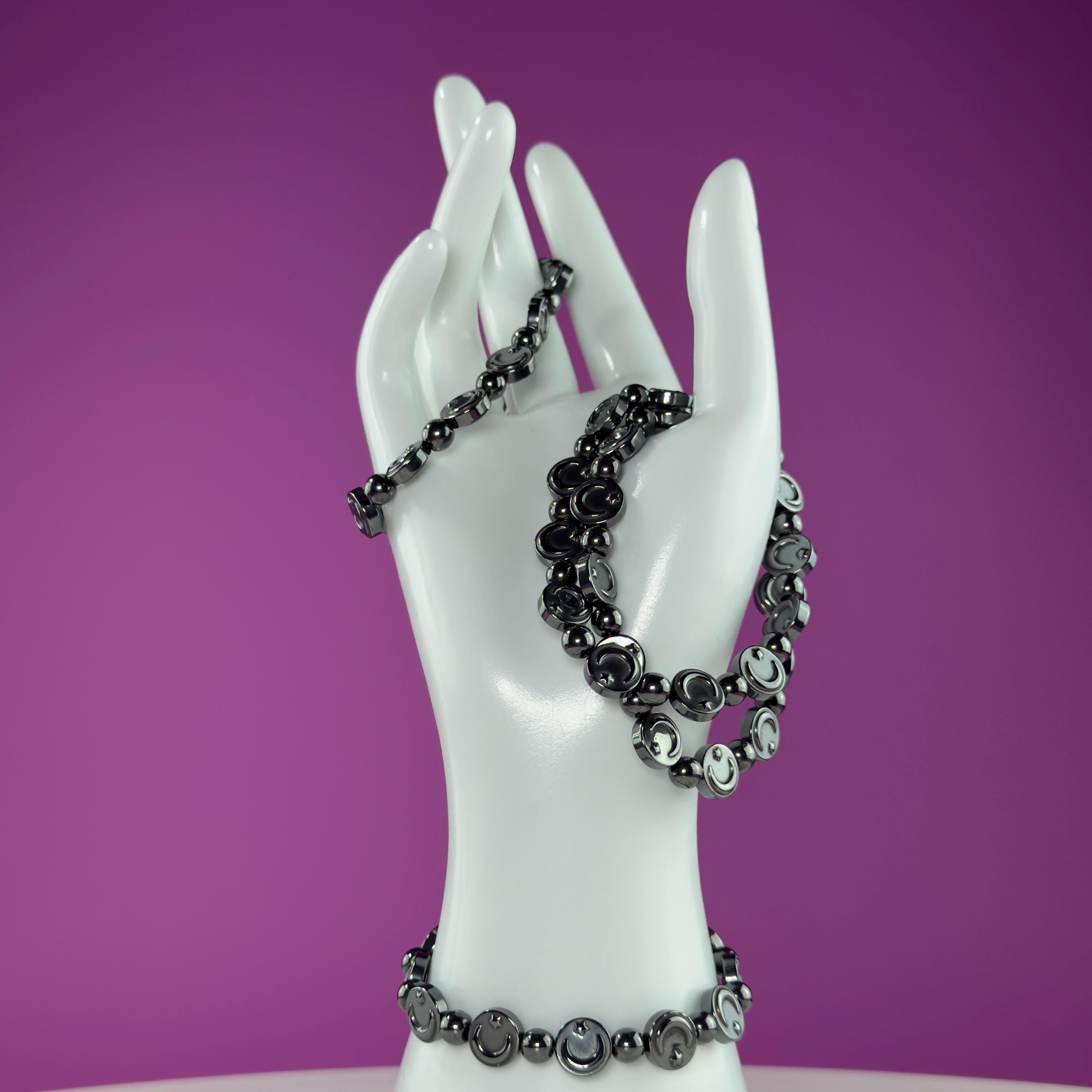 Hematite Moon Bracelet – Engraved Beads for Grounding & Protection