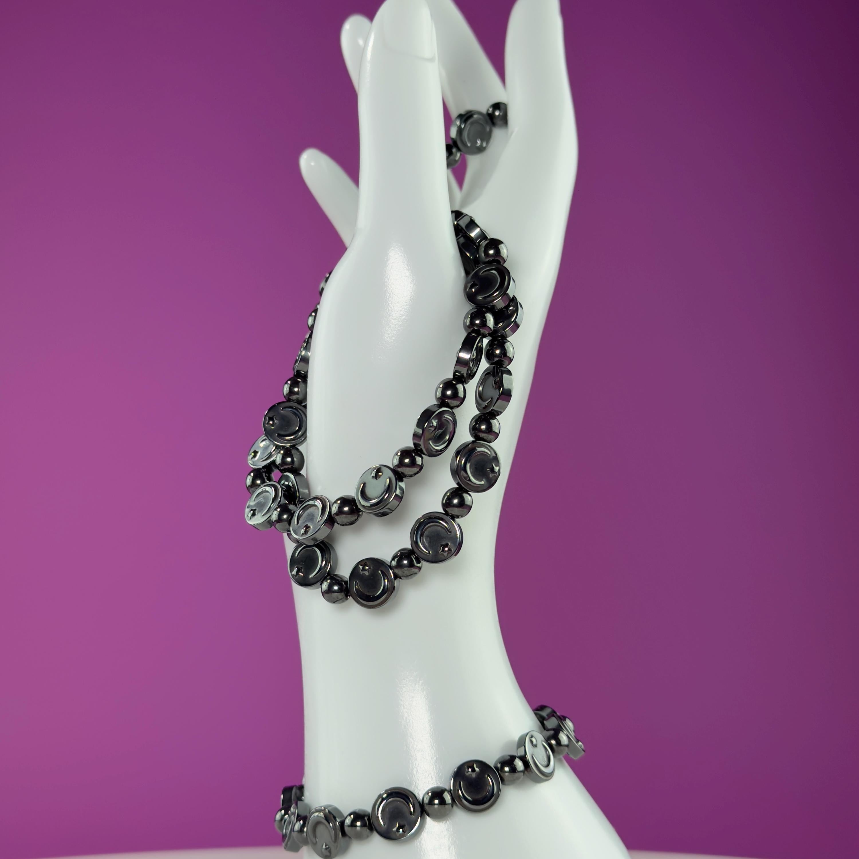 Hematite Moon Bracelet – Engraved Beads for Grounding & Protection