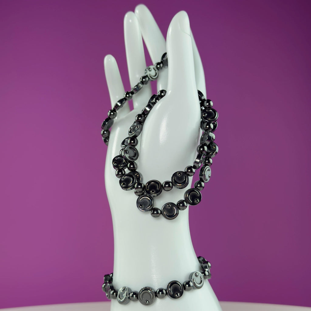 Hematite Moon Bracelet – Engraved Beads for Grounding & Protection