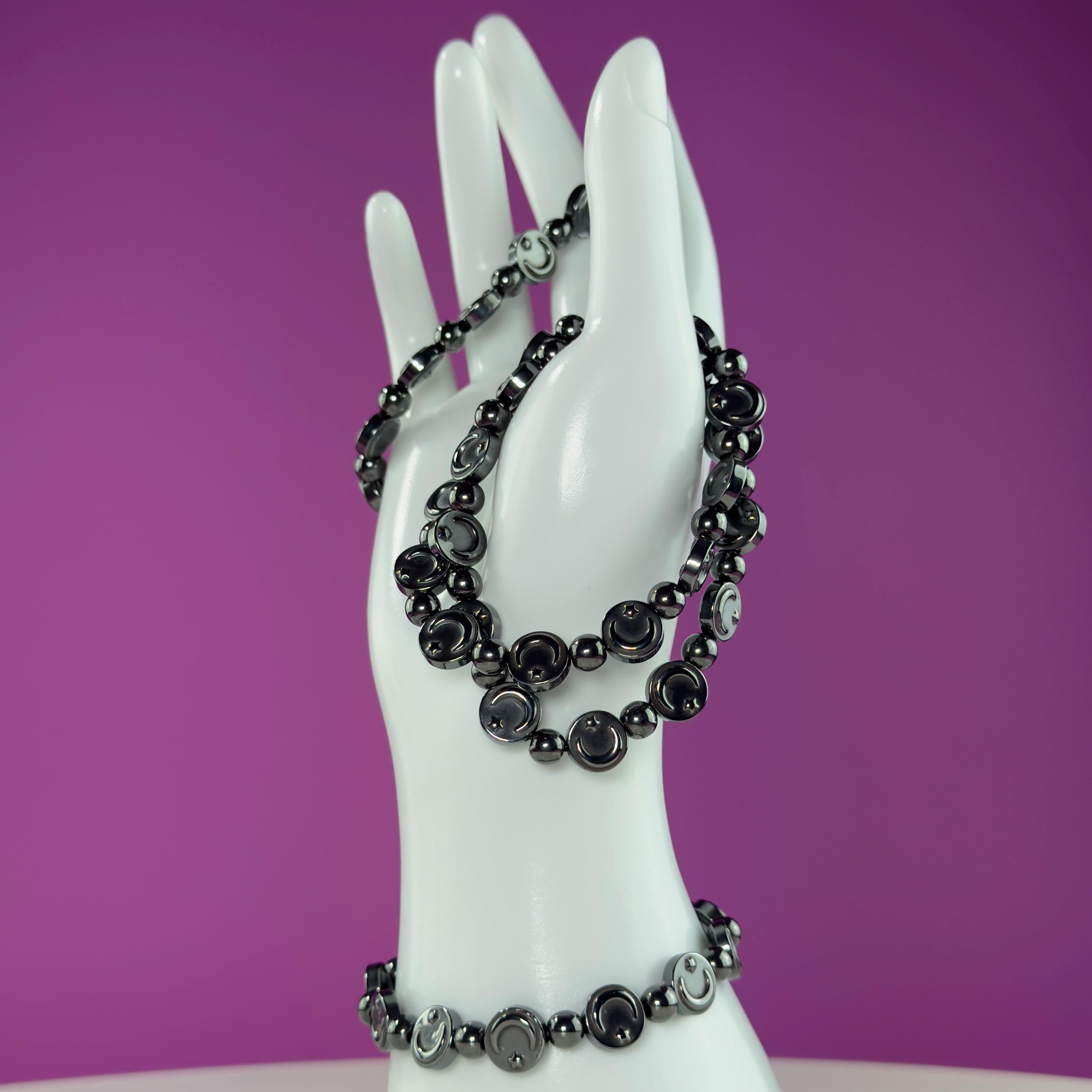 Hematite Moon Bracelet – Engraved Beads for Grounding & Protection