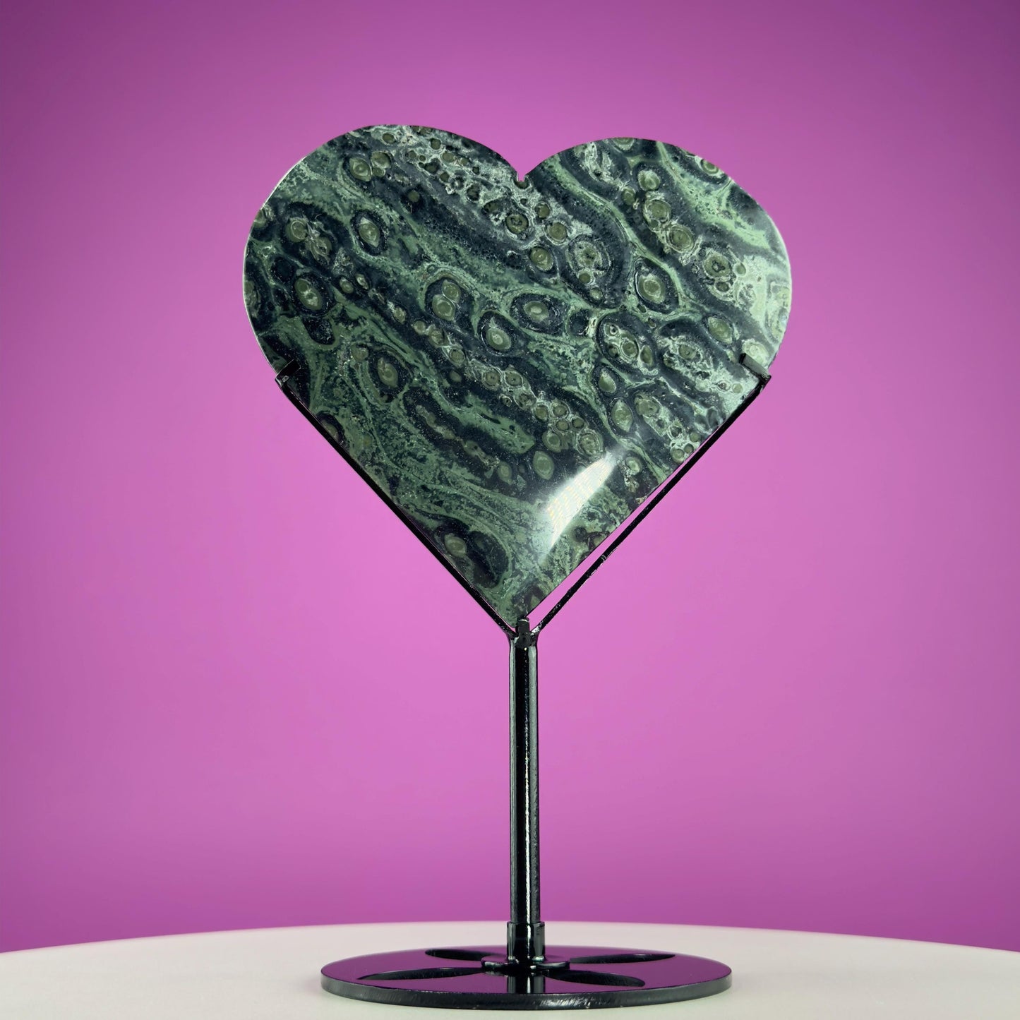 Kambaba Jasper Heart Carving (Includes Black Metal Stand)