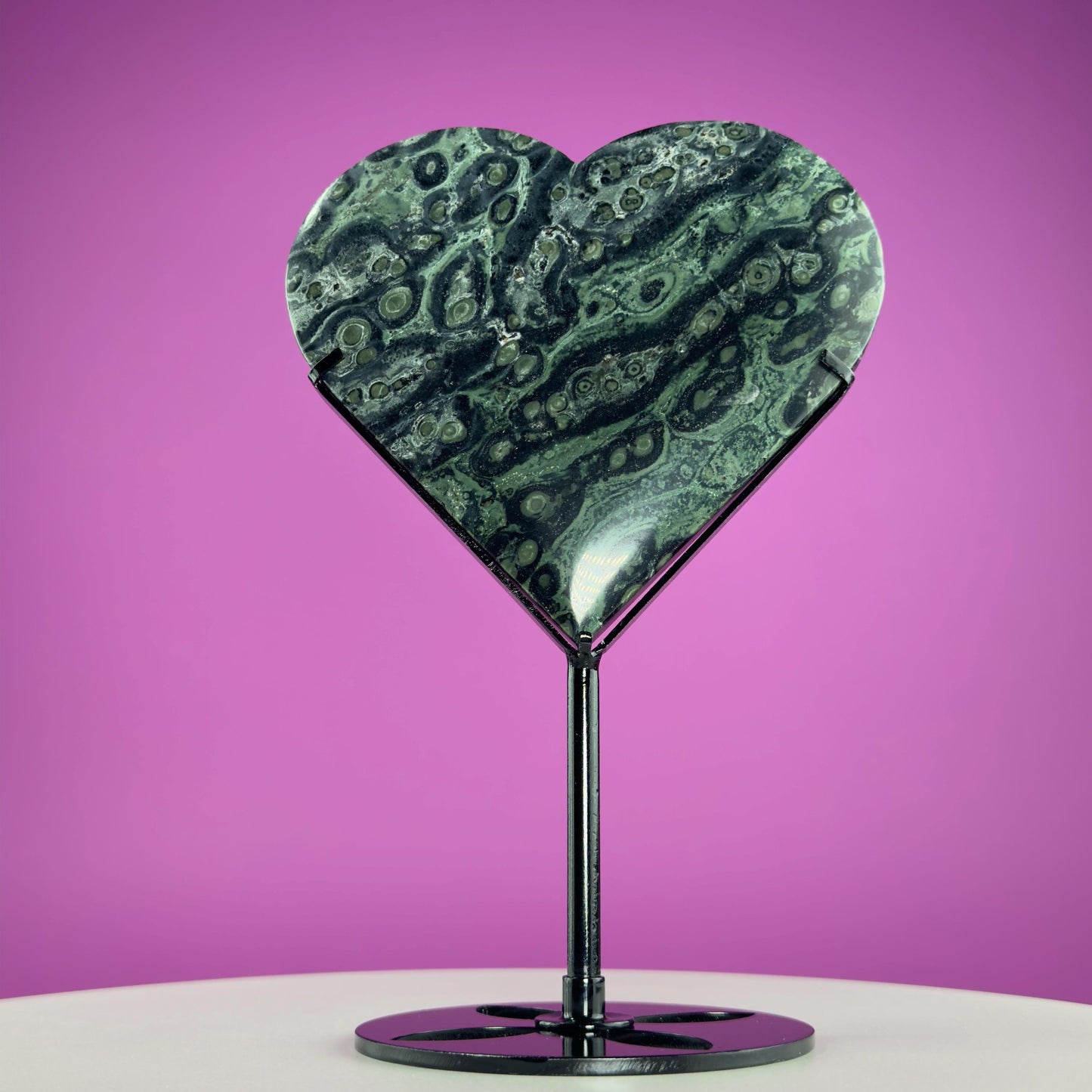 Kambaba Jasper Heart Carving (Includes Black Metal Stand)