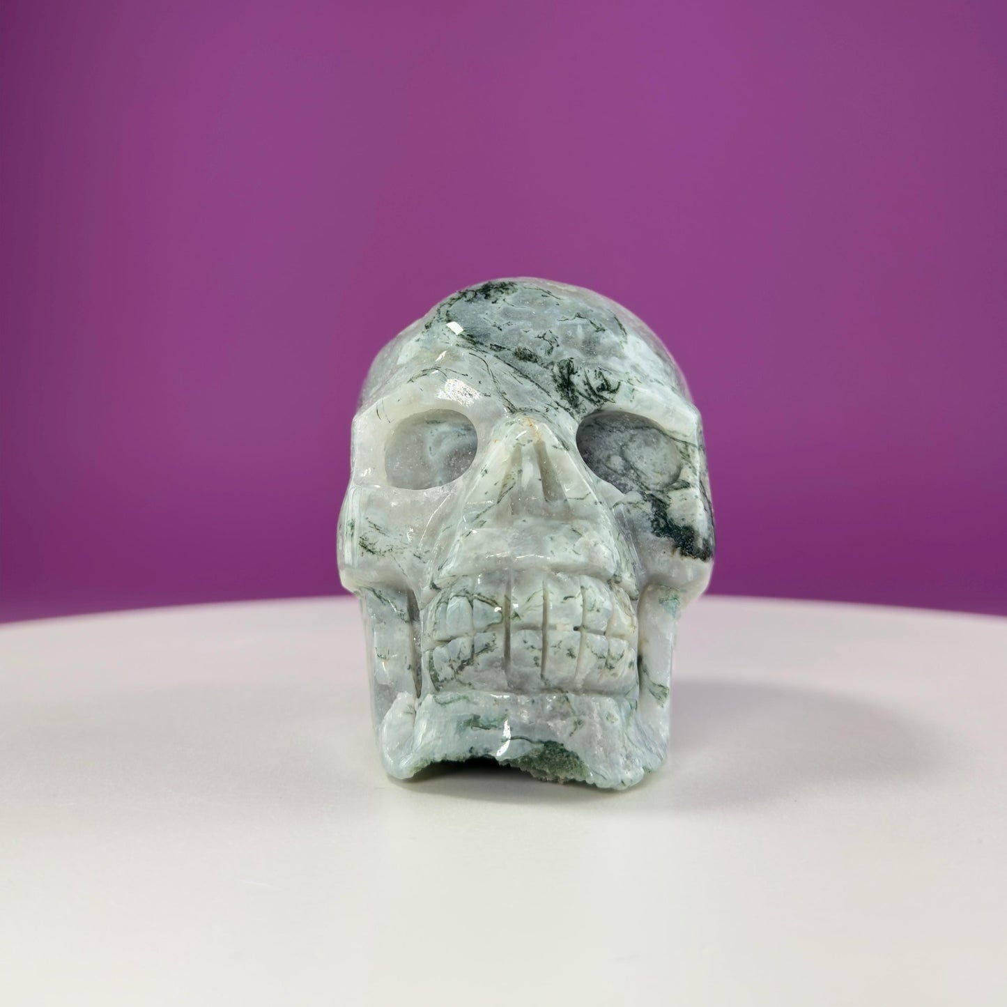 Moss Agate Skull Carving, Druzy Pockets