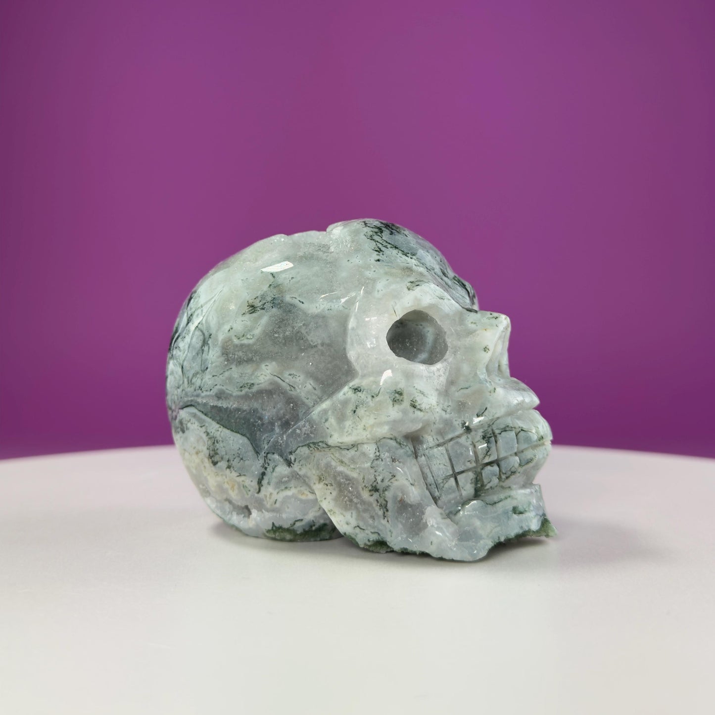Moss Agate Skull Carving, Druzy Pockets