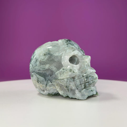 Moss Agate Skull Carving, Druzy Pockets