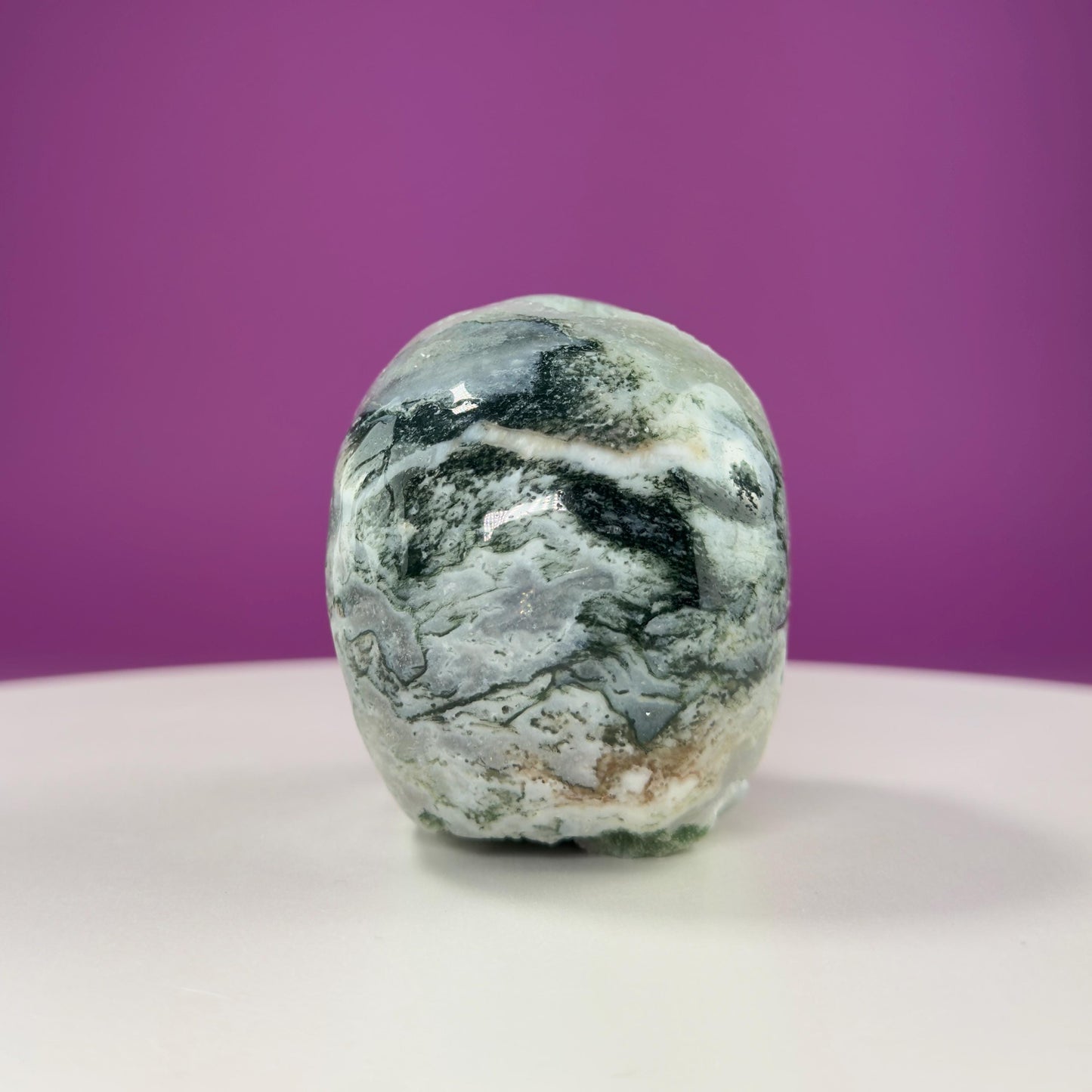 Moss Agate Skull Carving, Druzy Pockets