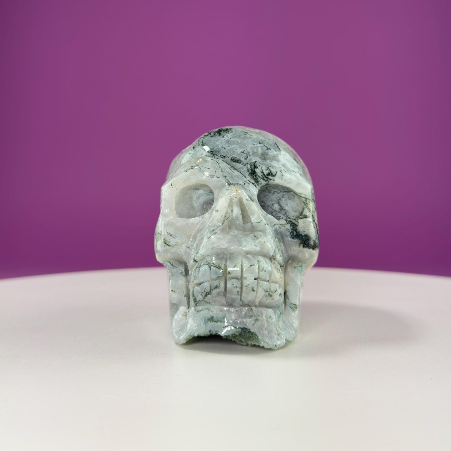 Moss Agate Skull Carving, Druzy Pockets