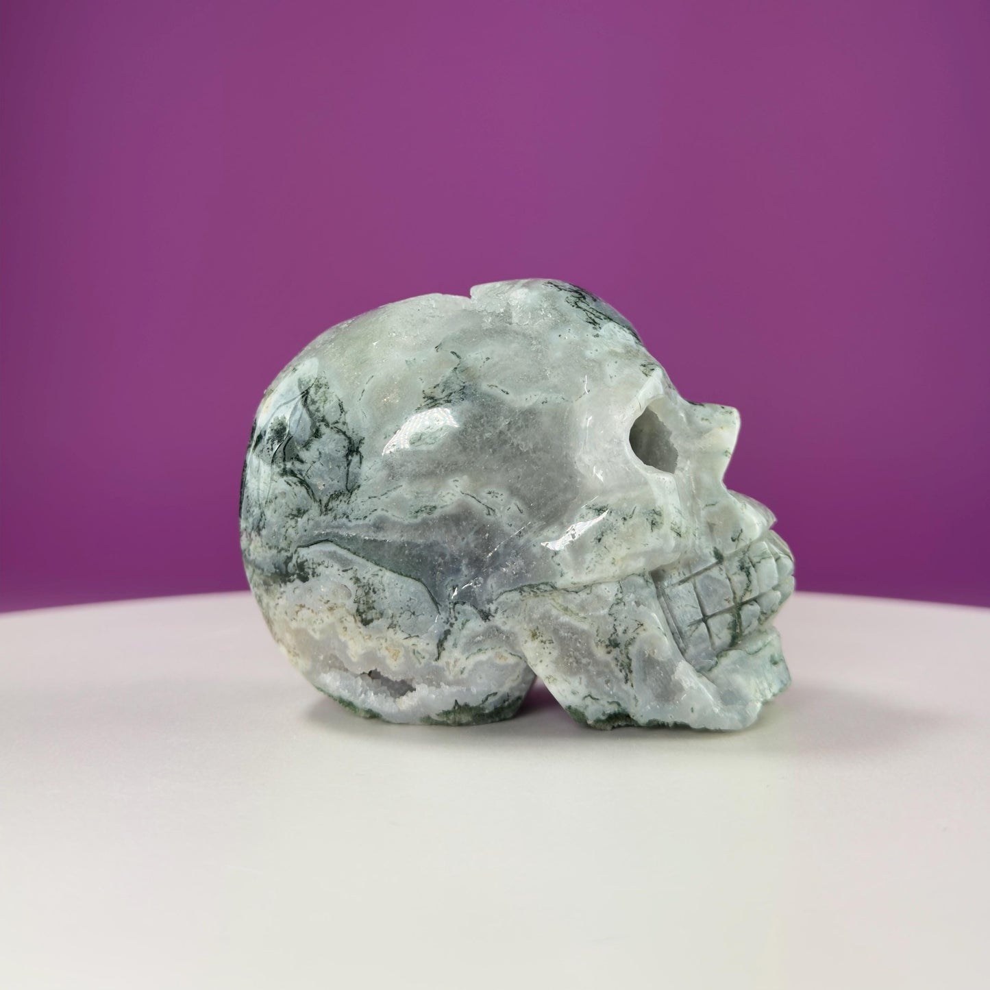 Moss Agate Skull Carving, Druzy Pockets