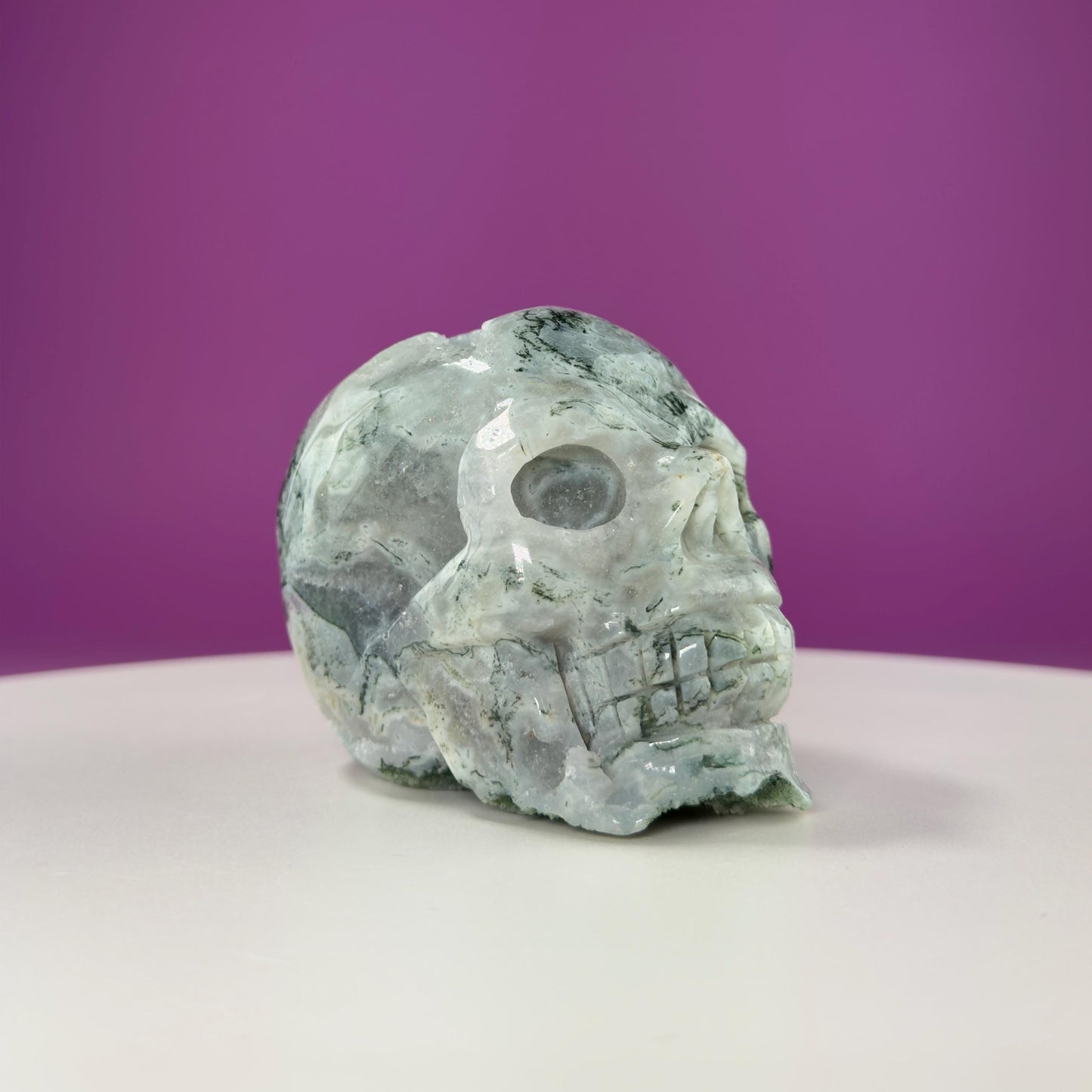 Moss Agate Skull Carving, Druzy Pockets