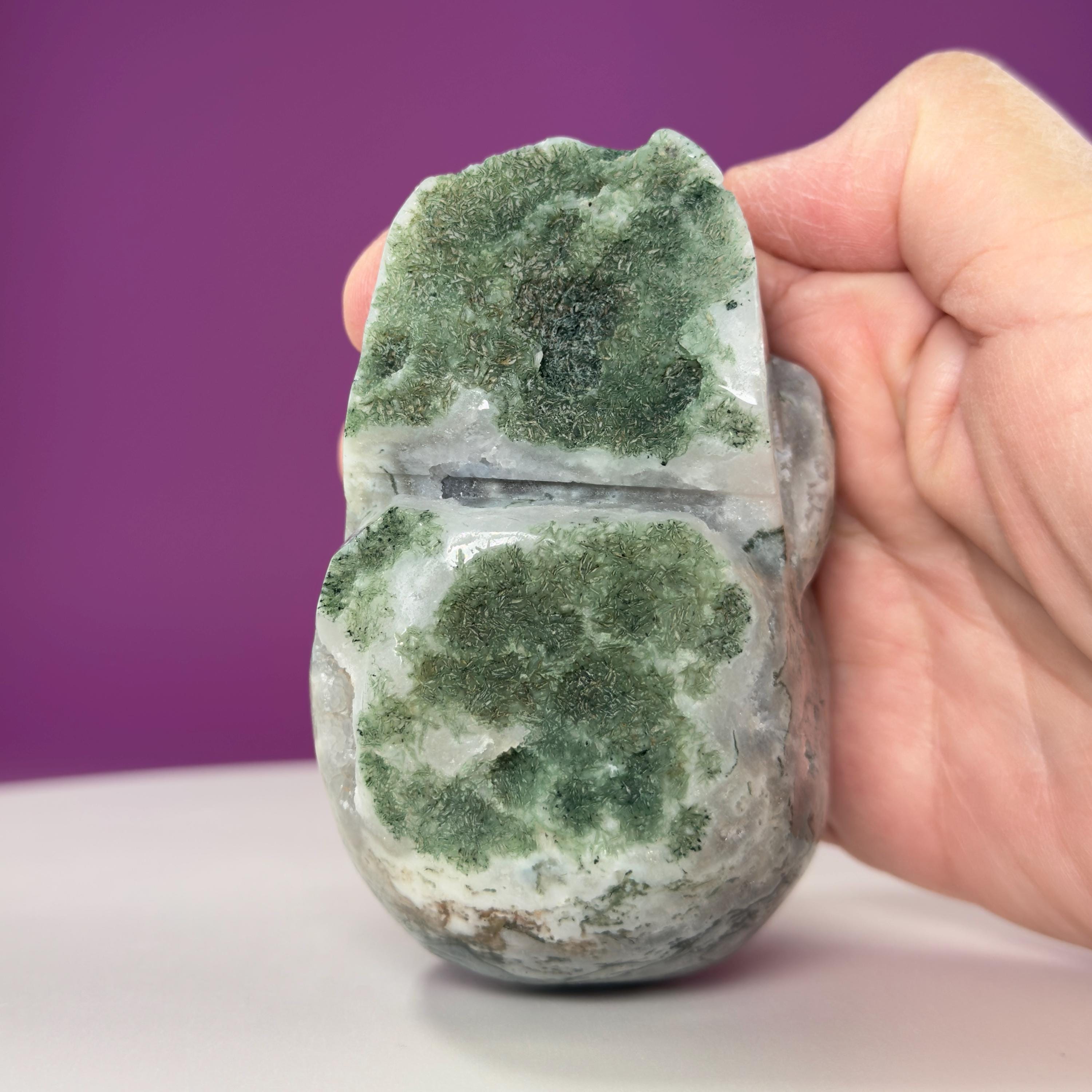 Moss Agate Druzy Skull 501g – Natural Crystal Skull Carving
