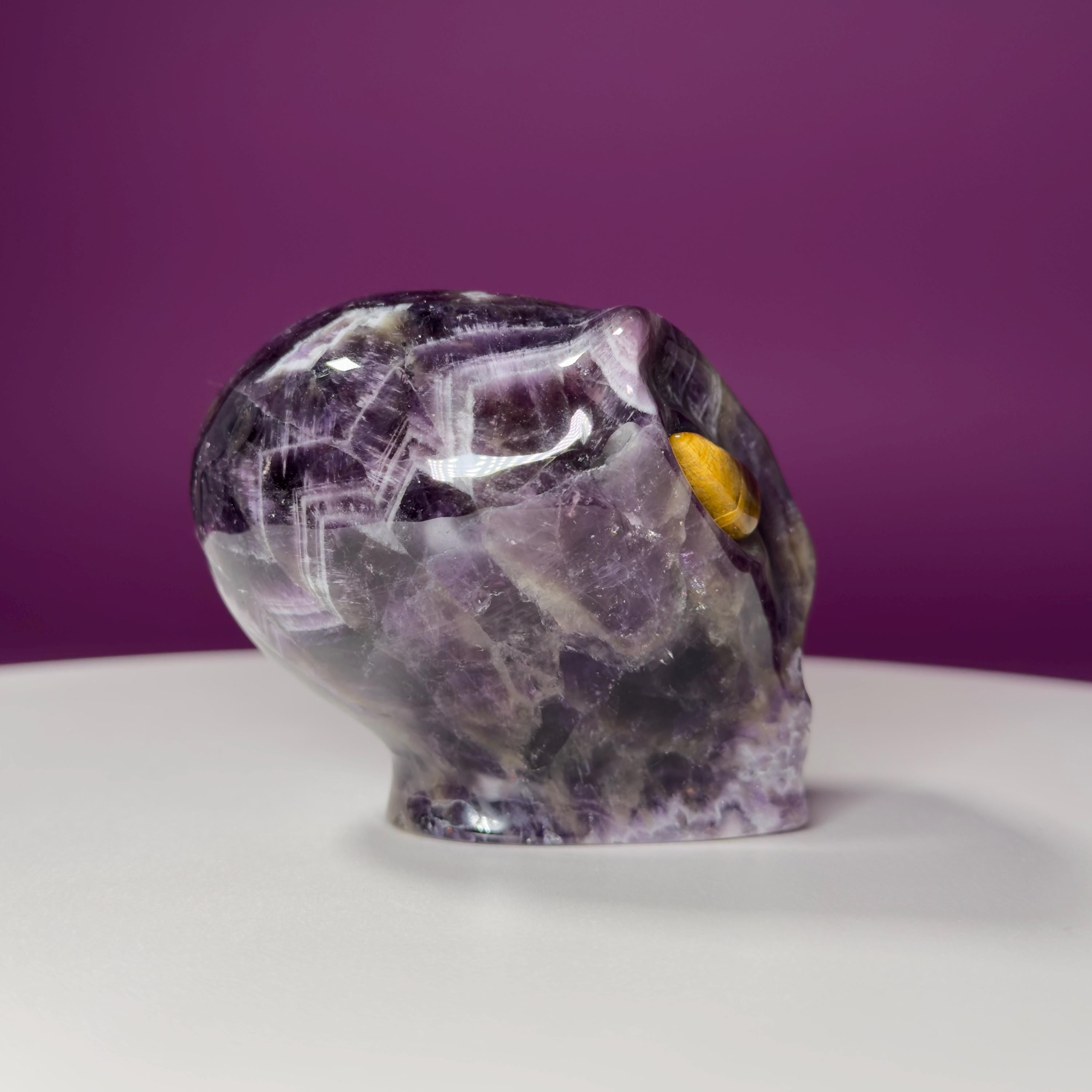 Dream Amethyst Alien Skull with Tiger Eye Eyes – 463g Collector Crystal
