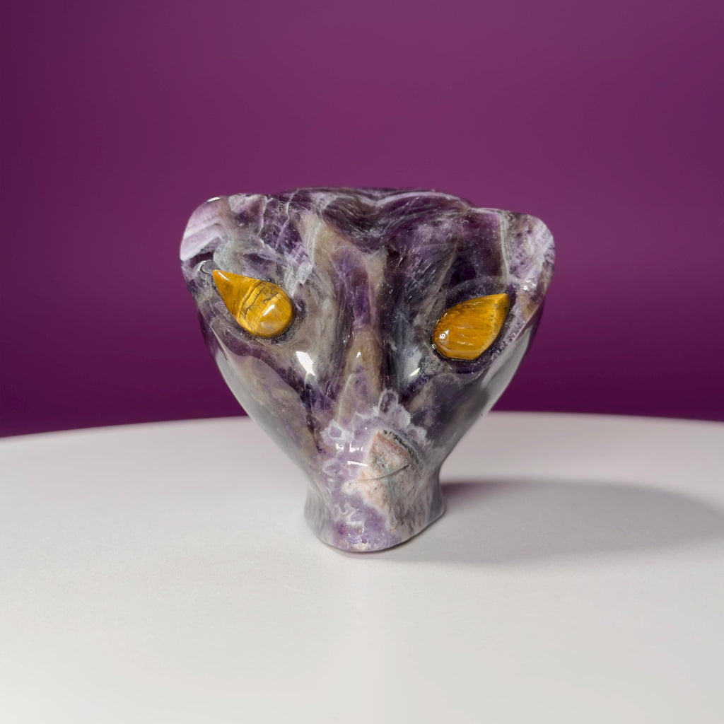 Dream Amethyst Alien Skull with Tiger Eye Eyes – 463g Collector Crystal