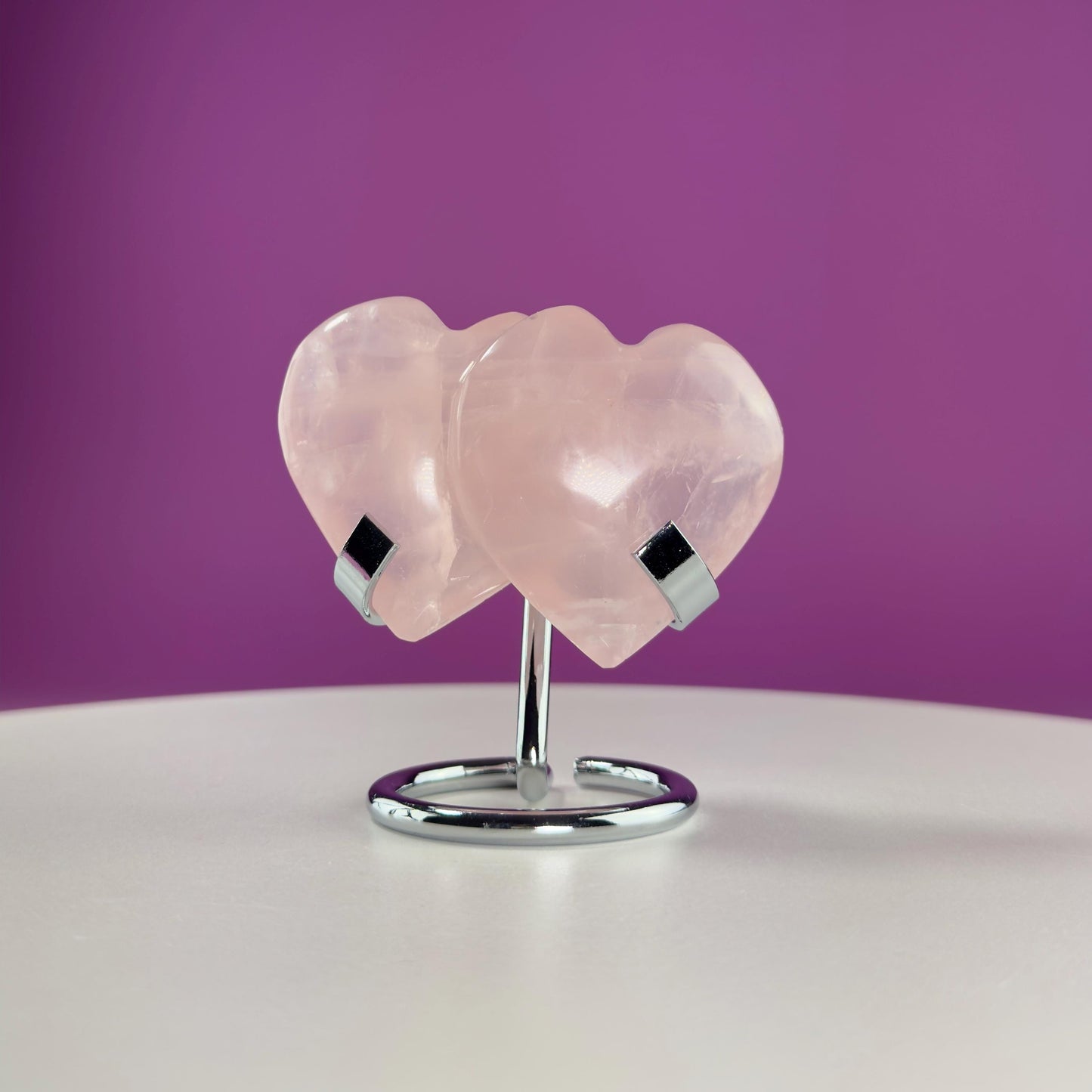 Rose Quartz Double Heart (Mexico) (Includes Silver Metal Stand)