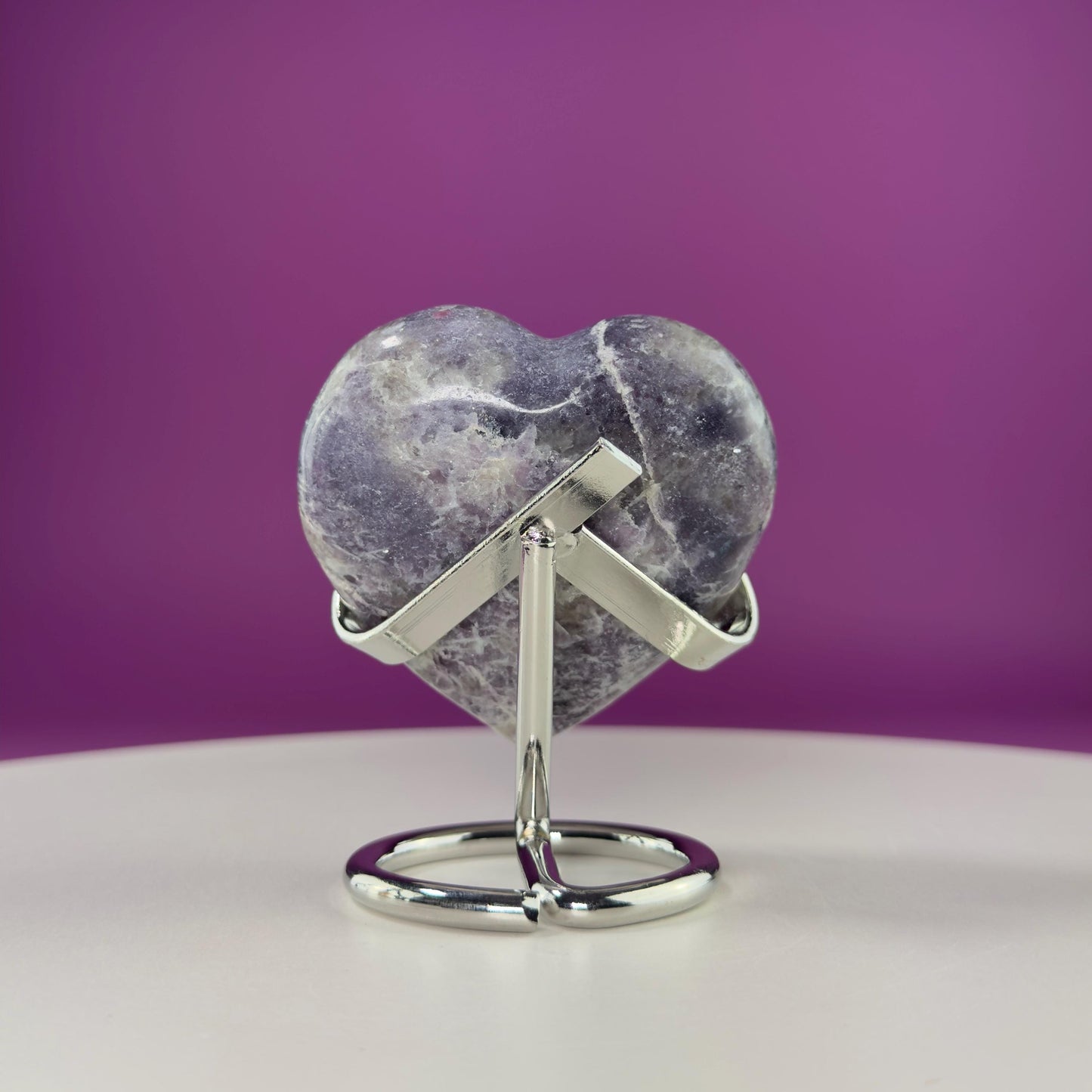 Lepidolite Heart Carving (Includes Silver Metal Stand)
