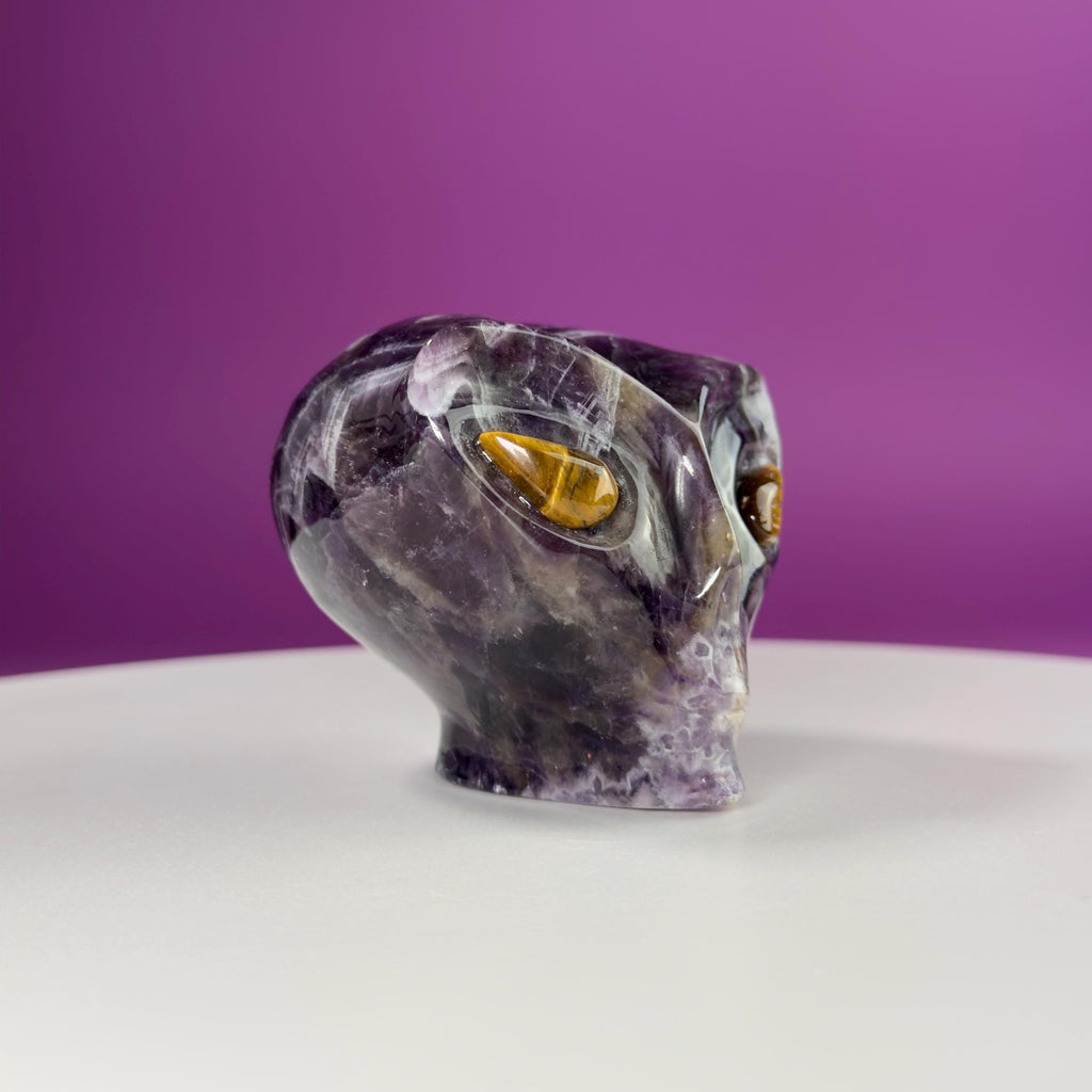 Dream Amethyst Alien Skull with Tiger Eye Eyes – 463g Collector Crystal