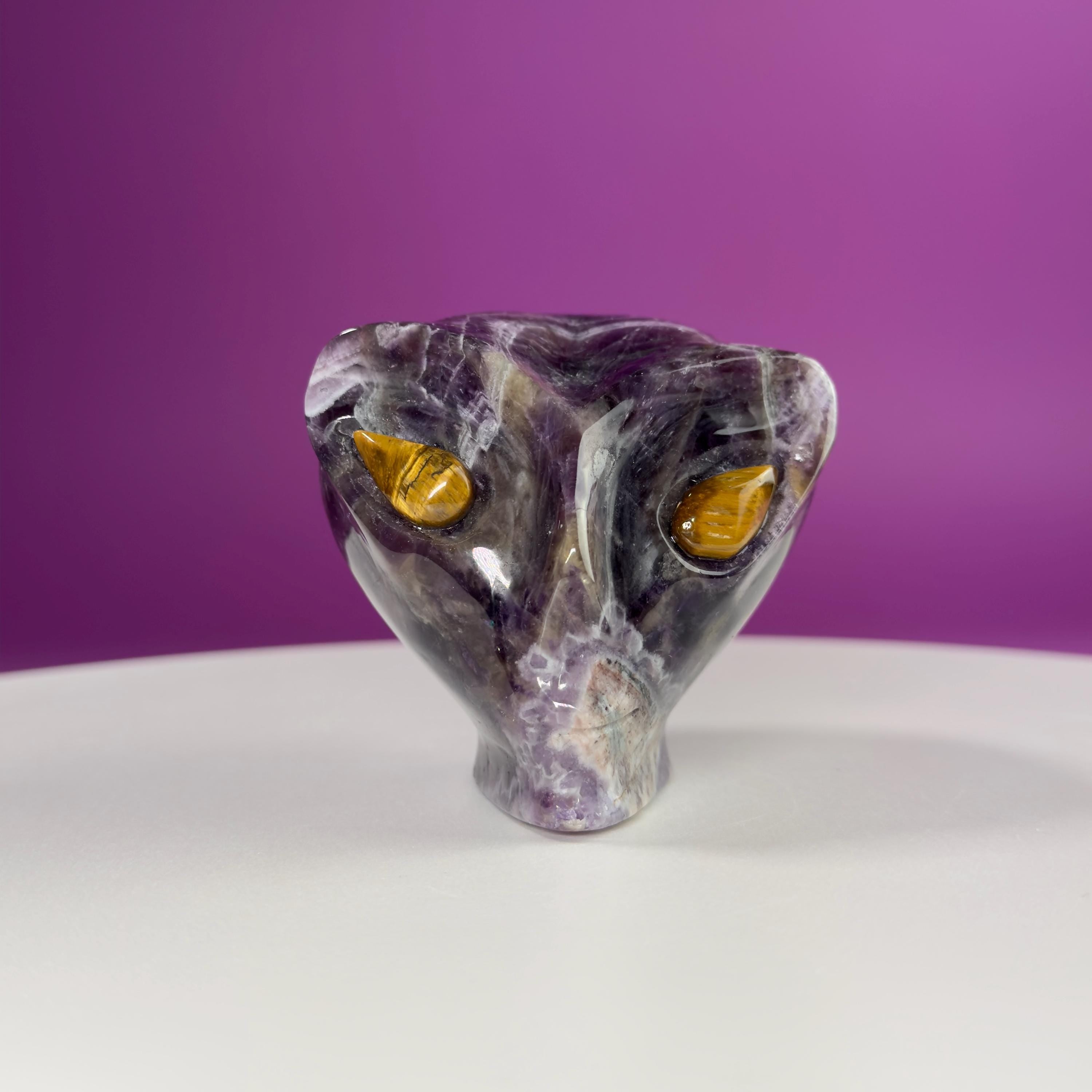 Dream Amethyst Alien Skull with Tiger Eye Eyes – 463g Collector Crystal
