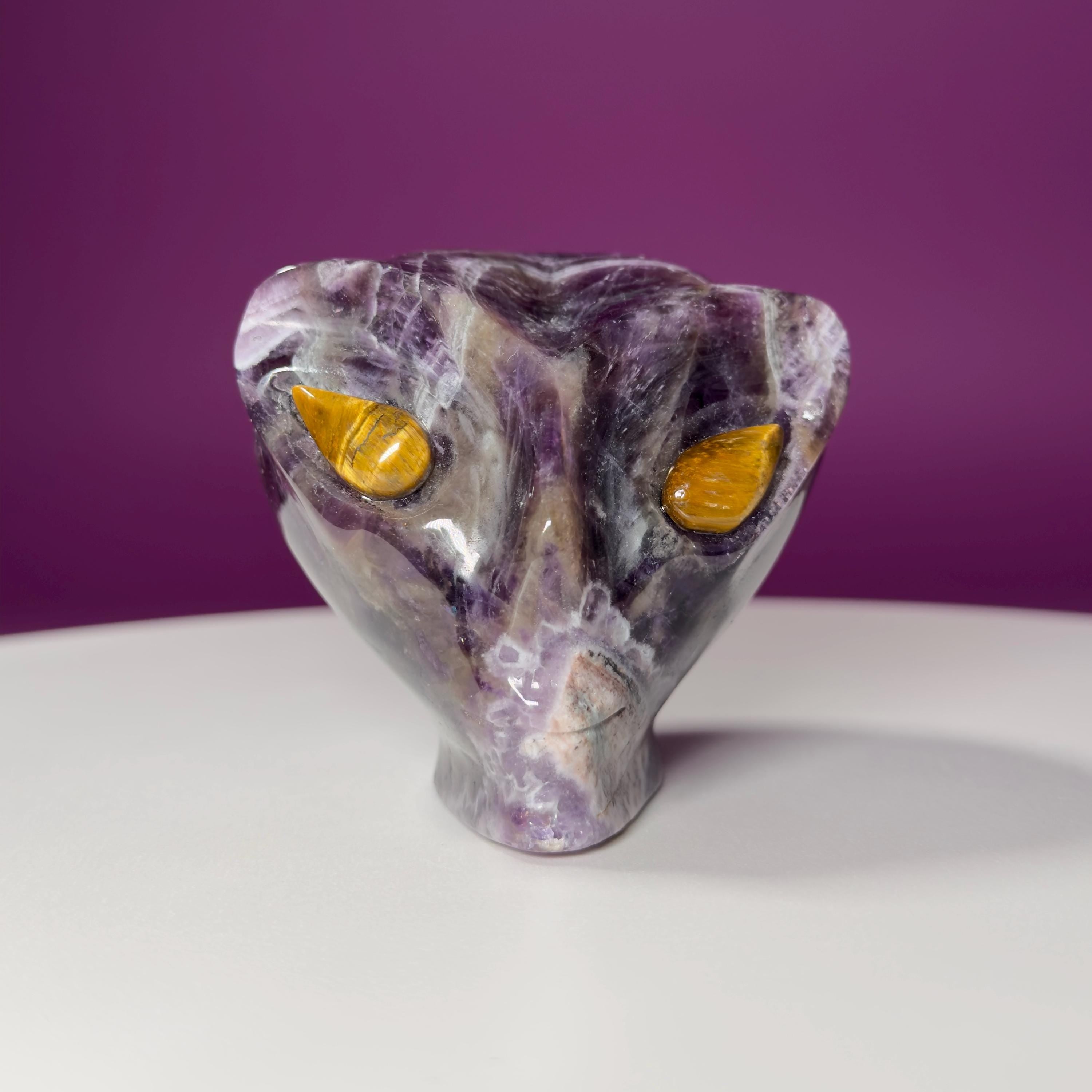 Dream Amethyst Alien Skull with Tiger Eye Eyes – 463g Collector Crystal