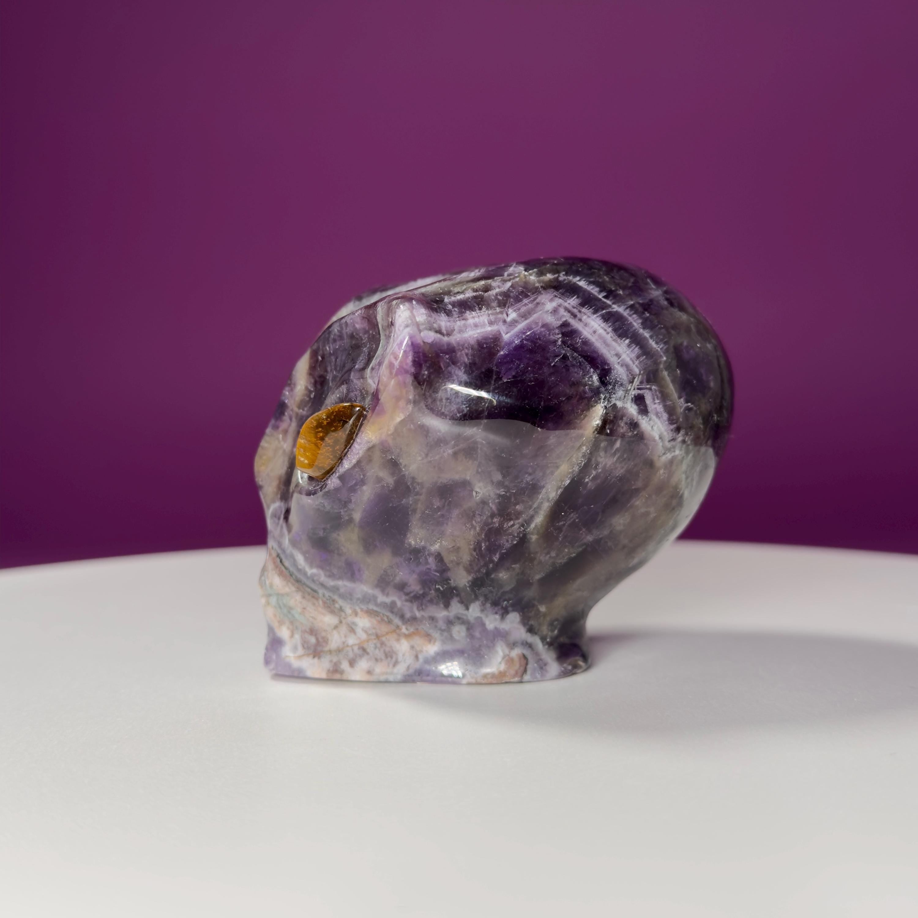 Dream Amethyst Alien Skull with Tiger Eye Eyes – 463g Collector Crystal