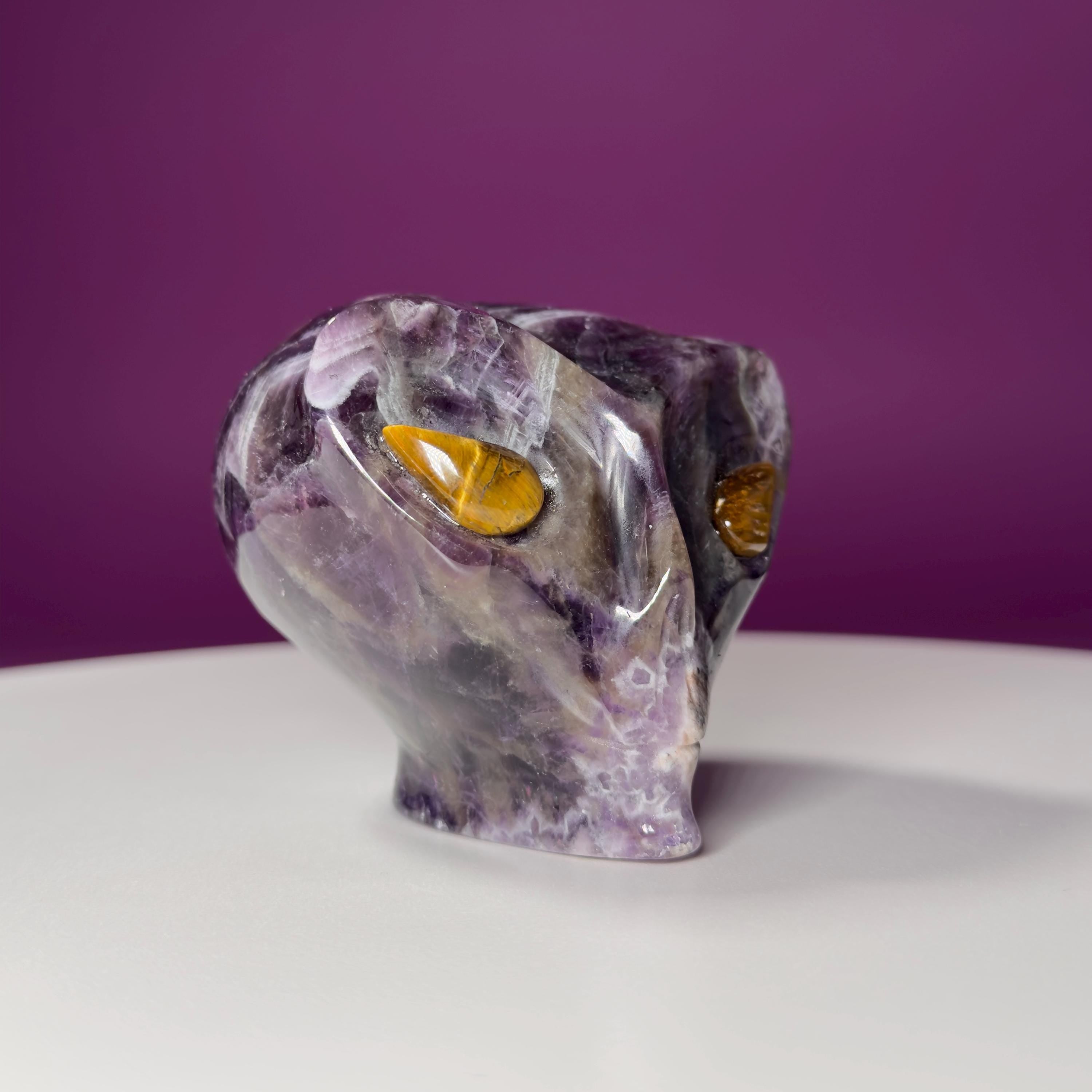 Dream Amethyst Alien Skull with Tiger Eye Eyes – 463g Collector Crystal