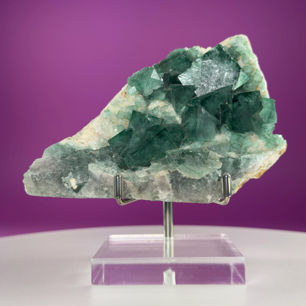 Green Fluorite on Matrix Display Specimen, UV Reactive (Includes Metal/Acrylic Stand)