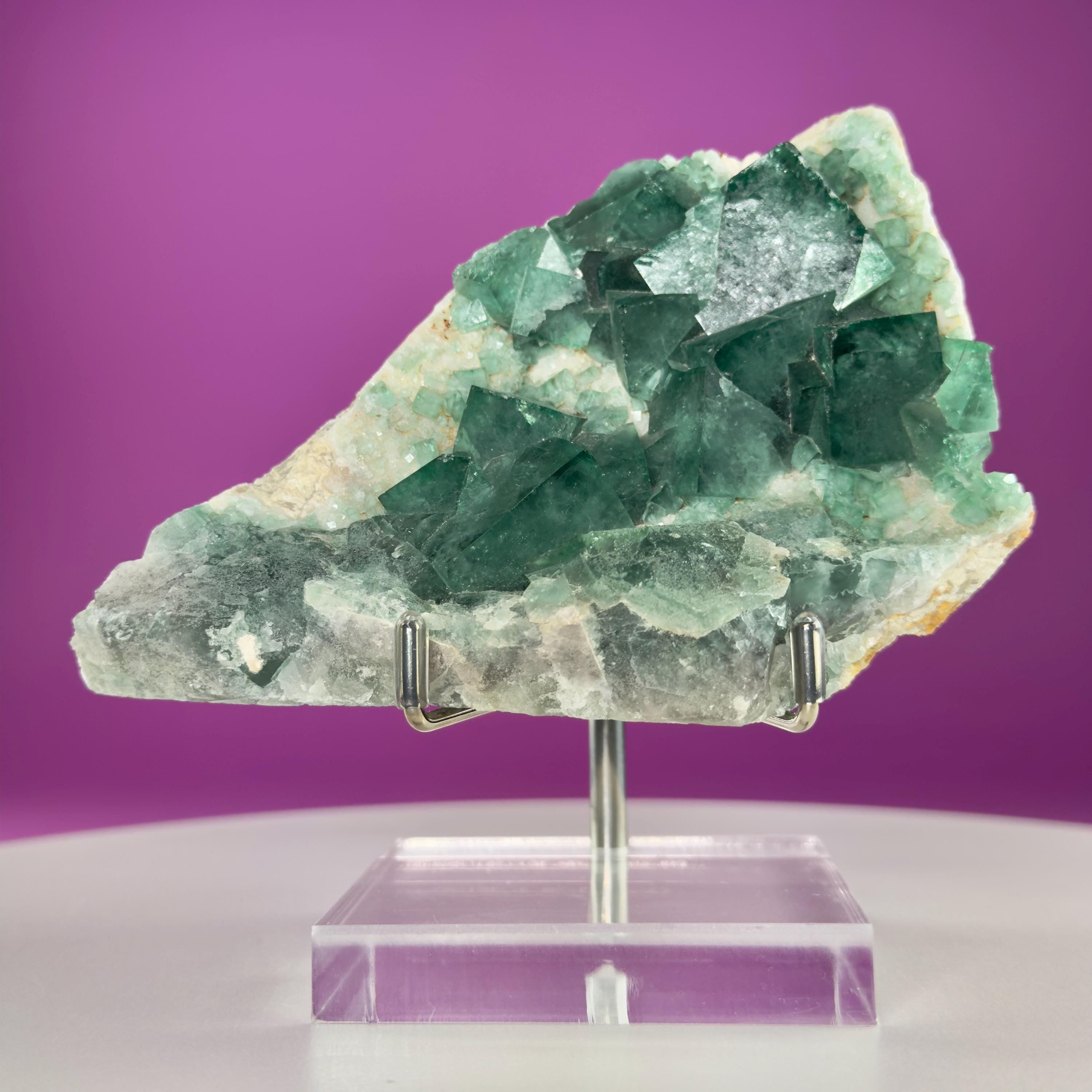 Green Fluorite on Matrix Display Specimen, UV Reactive (Includes Metal/Acrylic Stand)