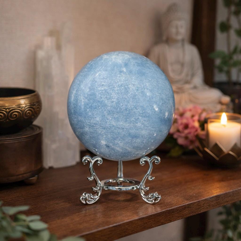 Blue Calcite Sphere 843g with Silver Stand | Large Calming Crystal Ball | Soothing Decor Stone