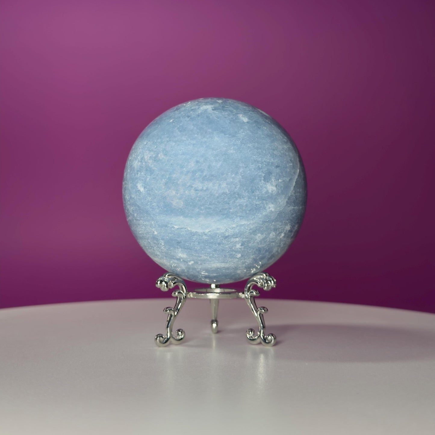 Blue Calcite Sphere 843g with Silver Stand | Large Calming Crystal Ball | Soothing Decor Stone